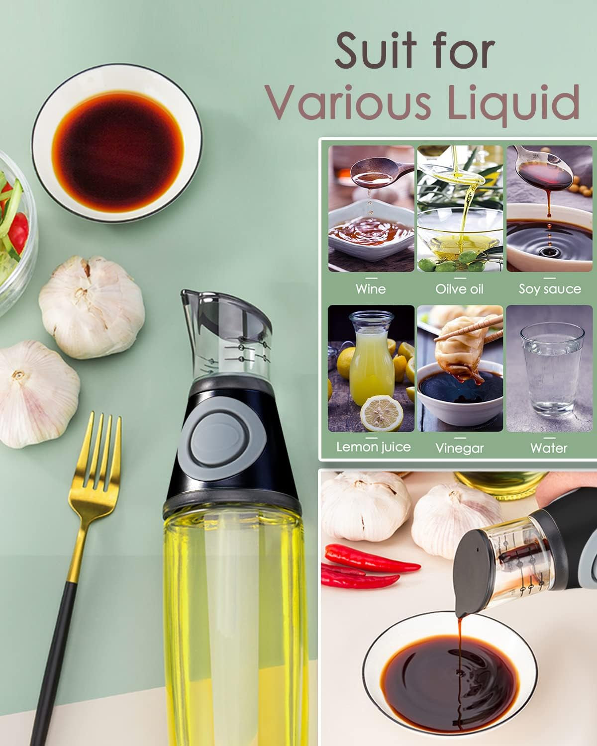 Oil Dispenser Bottle, 17Oz Olive Oil Dispenser Oil Sprayer, Clear Glass Refillable Oil and Vinegar Dispenser Bottle with Measuring Scale Pump for Kitchen, Cooking, Salads, Baking Frying