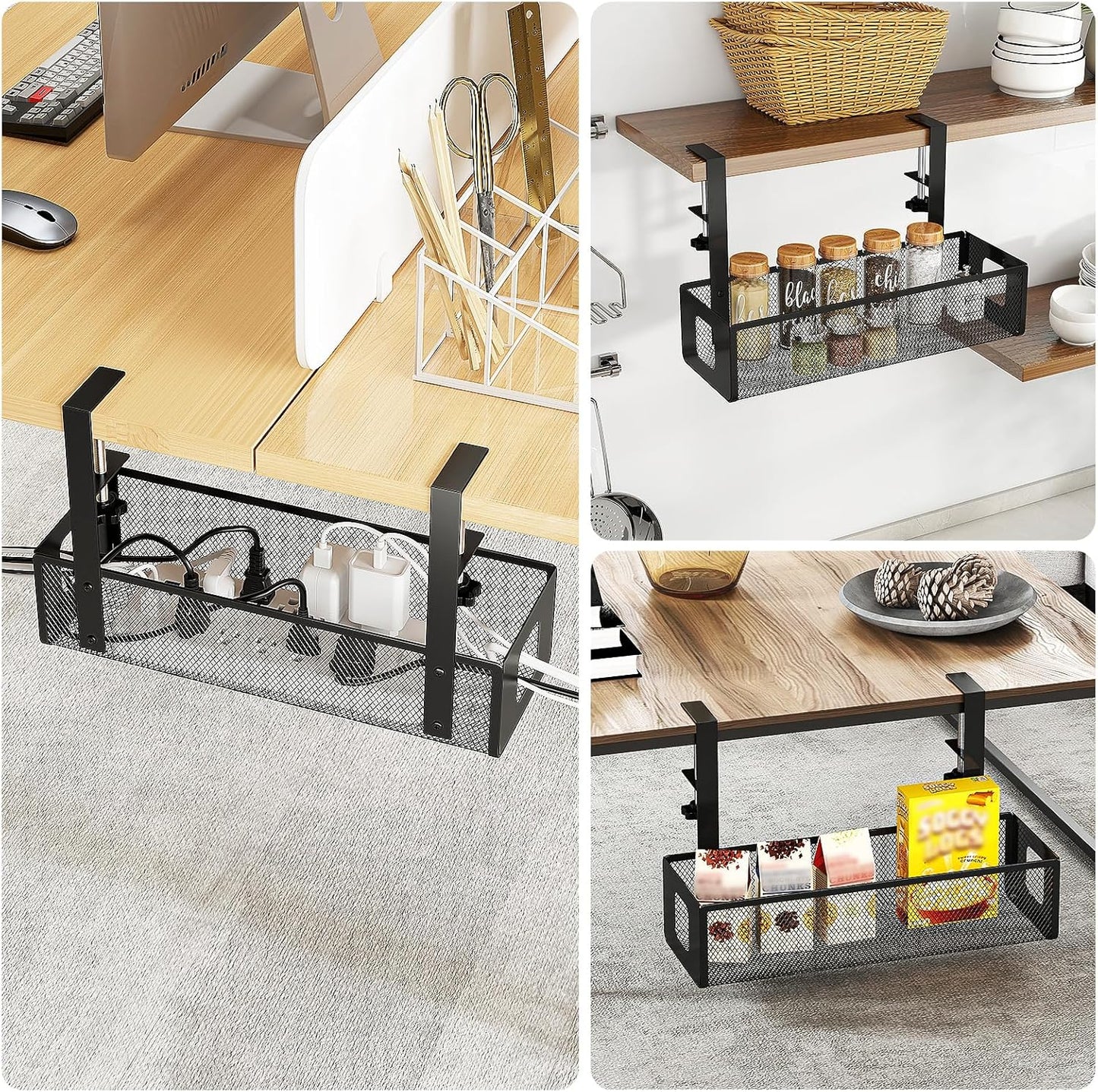 under Desk Cable Management Tray - Cable Management Tray No Drill with F-Clamp Design, Metal Mesh Cord Organizer, Sturdy Wire Organizers for Cords for Home Office Standing Desk, Black