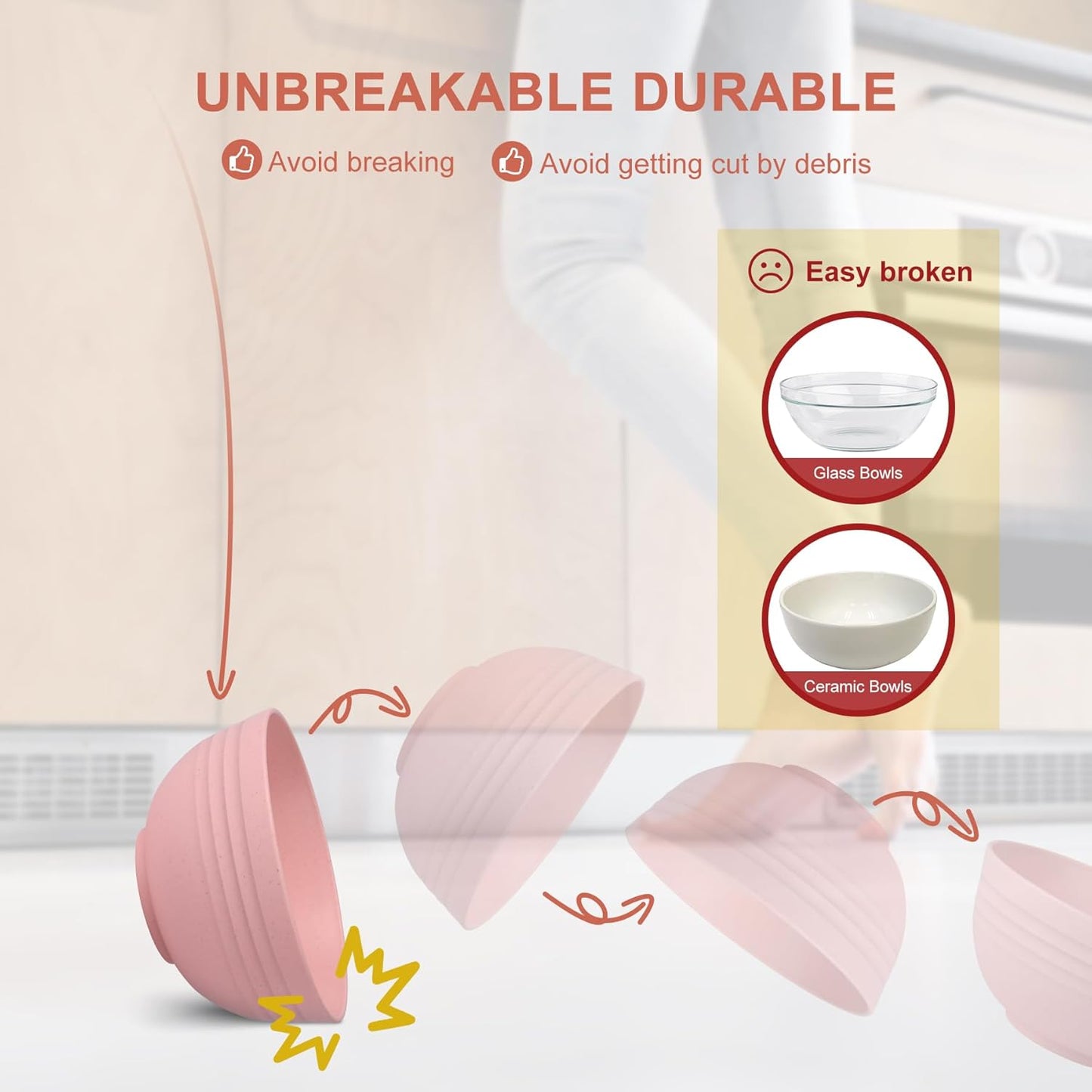 Unbreakable Wheat Straw Cereal Bowls - Microwave & Dishwasher Safe Soup and Salad Bowls, Set of 8, 26Oz, BPA Free,Pink