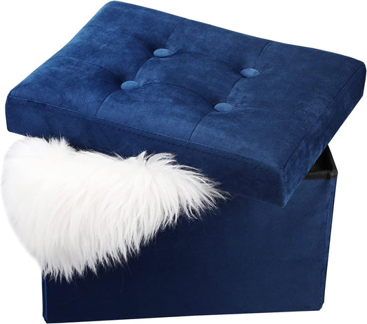 Navy Small Velvet Rectangle Ottoman with Storage - Button-Tufted Folding Foot Rest for Desk or Room Use (16"x12"x12")