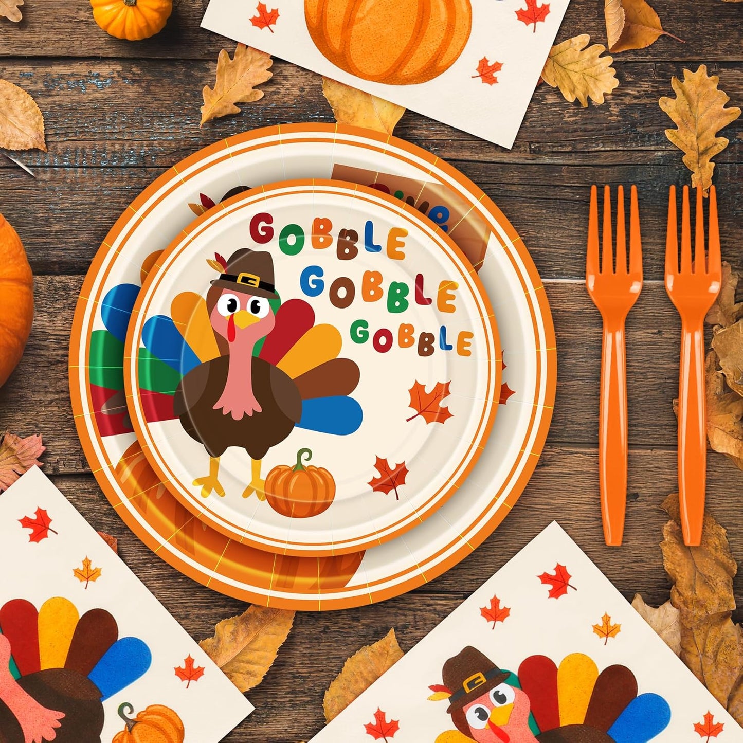 120 PCS Thanksgiving Plates and Napkins, Disposable Thanksgiving Paper Plates, 9" and 7" Fall Party Tableware, round Turkey Pumpkins Decorations for Harvest Banquet Decor Holiday Party Supplies