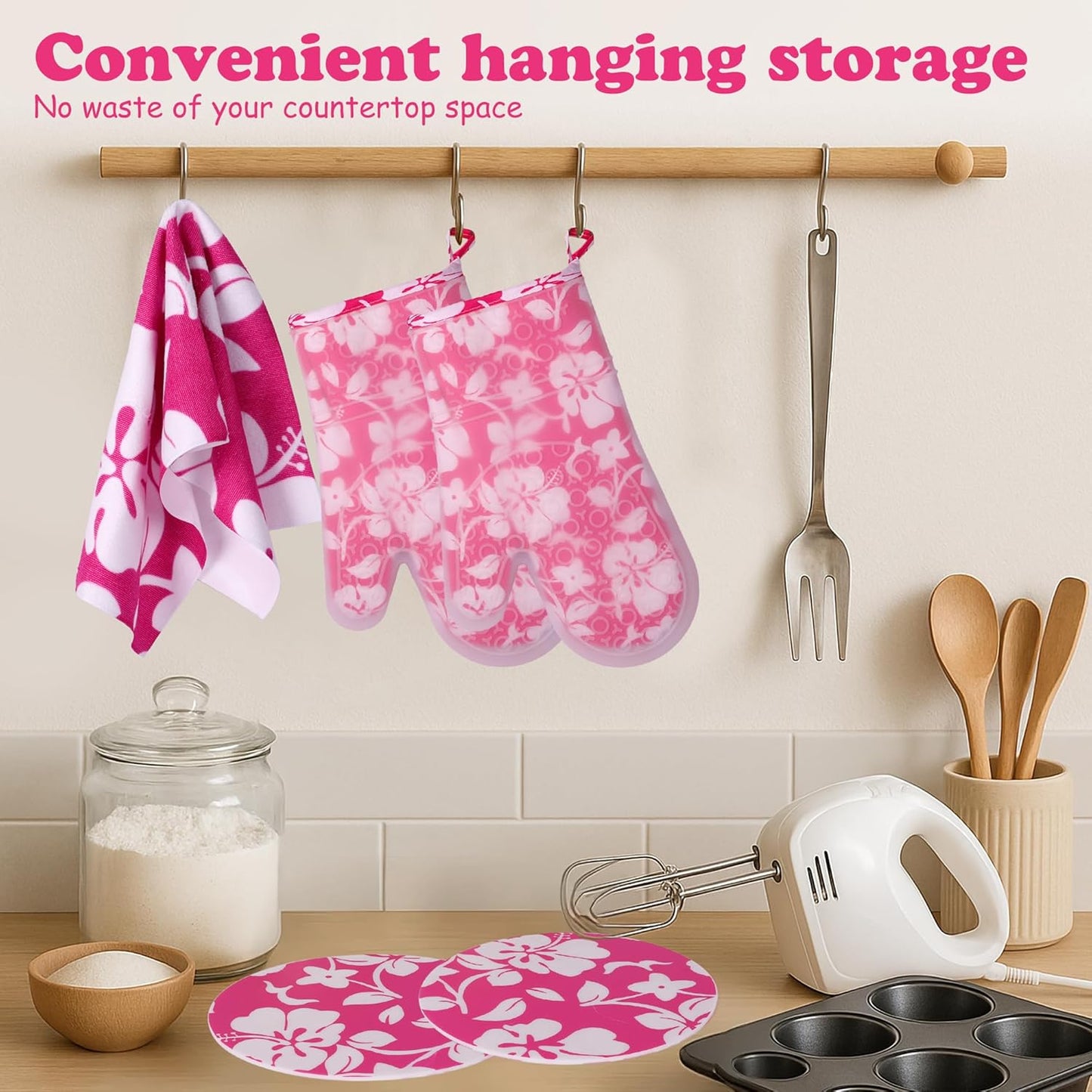 6PCS Pink Oven Mitts and Pot Holders Towels Set,Heat Resistant with Non-Slip Silicone Surface Baking Gloves,Applies to Grilling and Cooking Cute Kitchen Accessories and House Decor