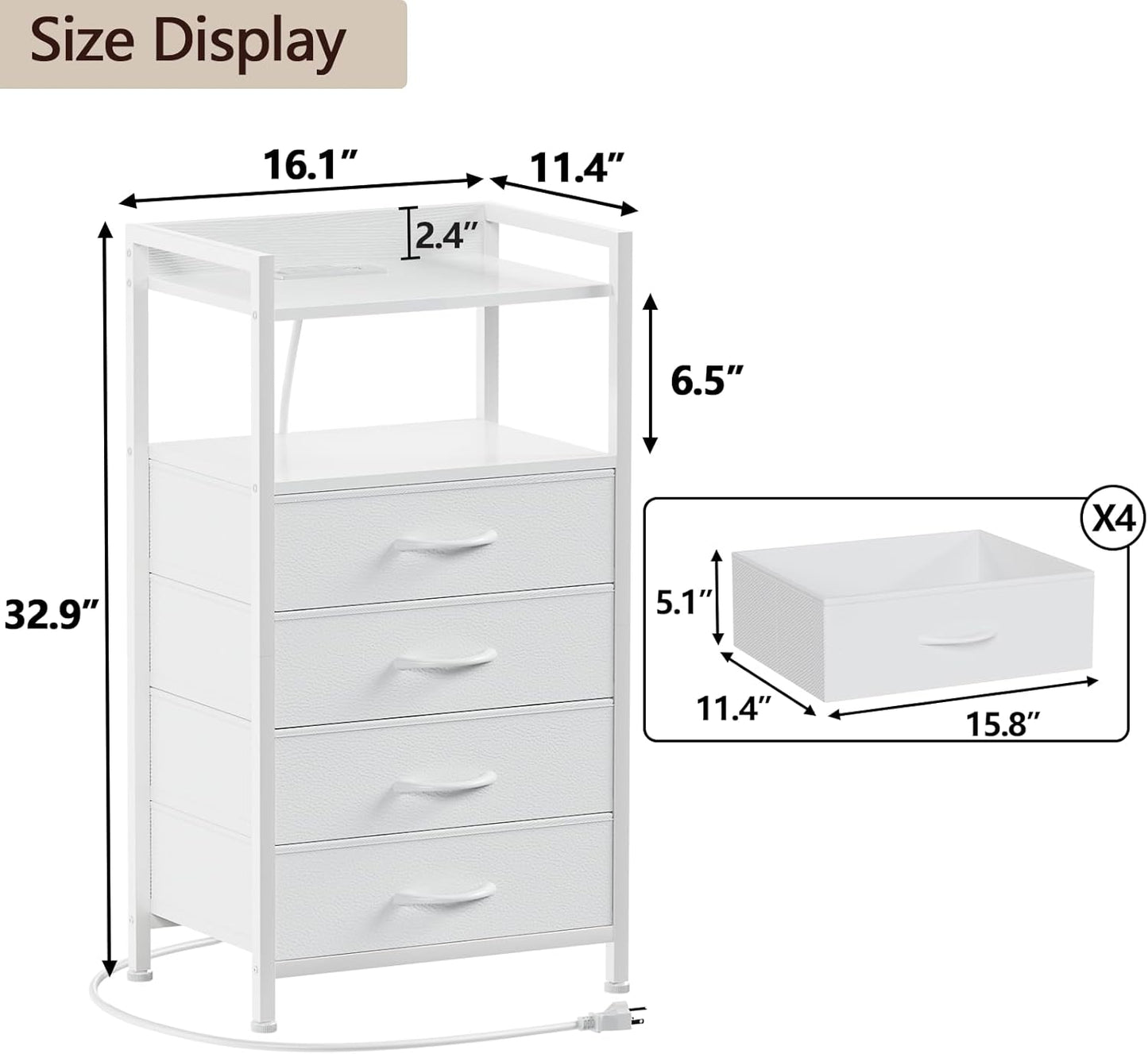 White Nightstand with Charging Station and LED Light, Tall Bedroom Dresser with 4 Fabric Storage Drawers, Metal Frame and Wood Shelf
