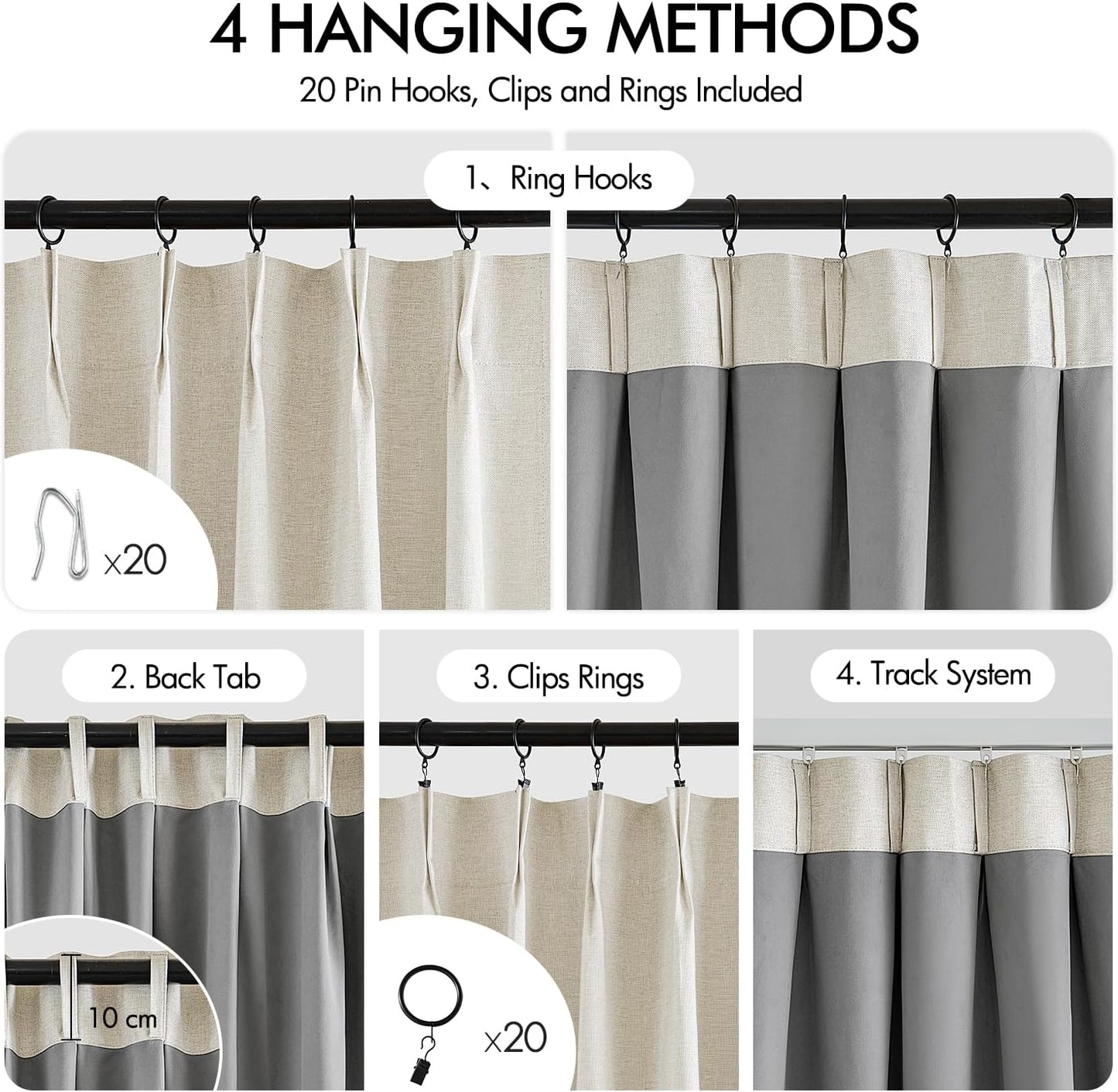 Linen Pinch Pleated 100% Blackout Curtains - 92 Inch Long, Set of 2 Panels, Back Tab Track Cream Darkening Drapes with Hooks for Bedroom and Living Room