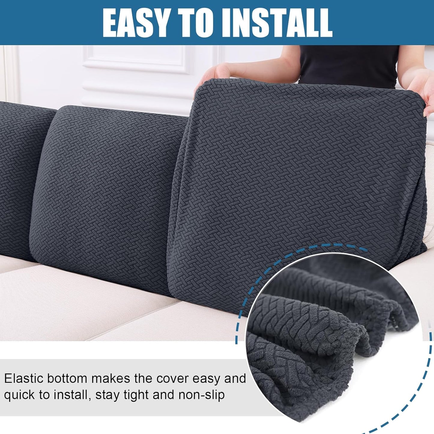 Waterproof Couch Cushion Covers, Stretch Jacquard Thick Sofa Cushion Covers, Washable Seat Slipcover Elastic Furniture Protector for Pets, Kid (Back Cover M, Dark Grey)
