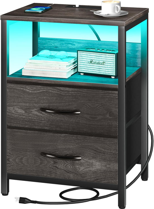 Nightstand with Charging Station, LED Night Stand with Fabric Drawers and Storage Shelf for Bedroom, Nightstands Bedside Tables with USB Ports & Outlets, Small Night Stands, Bed Side Table
