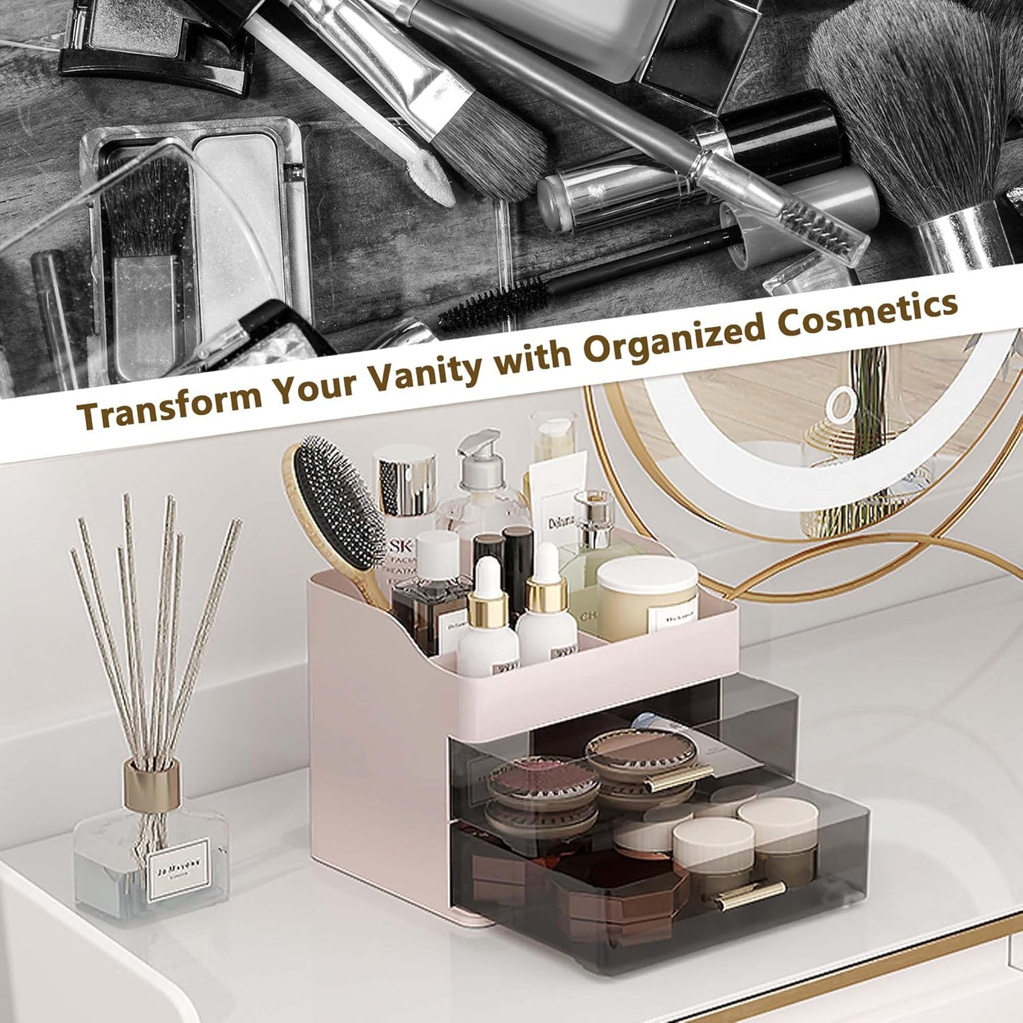 Makeup Organizer Countertop, 3-Tier Large Capacity Bathroom Counter Organizer with 2 Clear Drawers for Easy Access, Ideal for Makeup, Skincare, Lipsticks, Office Supplies, Present, Etc, Pink