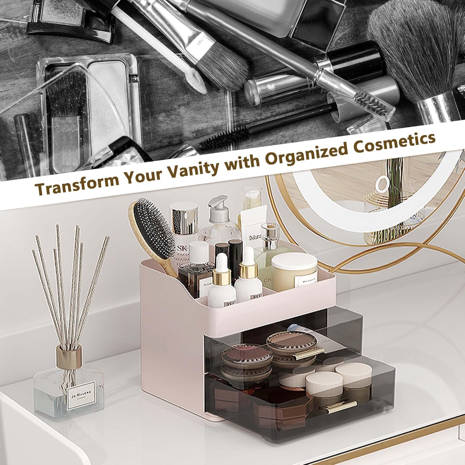 Makeup Organizer Countertop, 3-Tier Large Capacity Bathroom Counter Organizer with 2 Clear Drawers for Easy Access, Ideal for Makeup, Skincare, Lipsticks, Office Supplies, Present, Etc, Pink