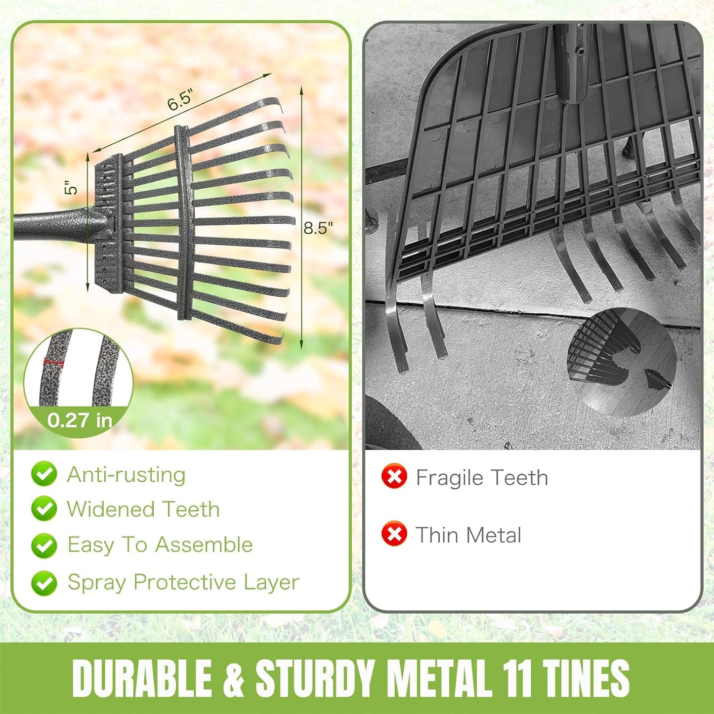 Small Leaf Rake, 8.5 Inch Wide Head with 11 Tines, Metal Garden Rake with Adjustable Handle 38.5 to 65 Inch for Gardening, Leaves, Weeds, Debris