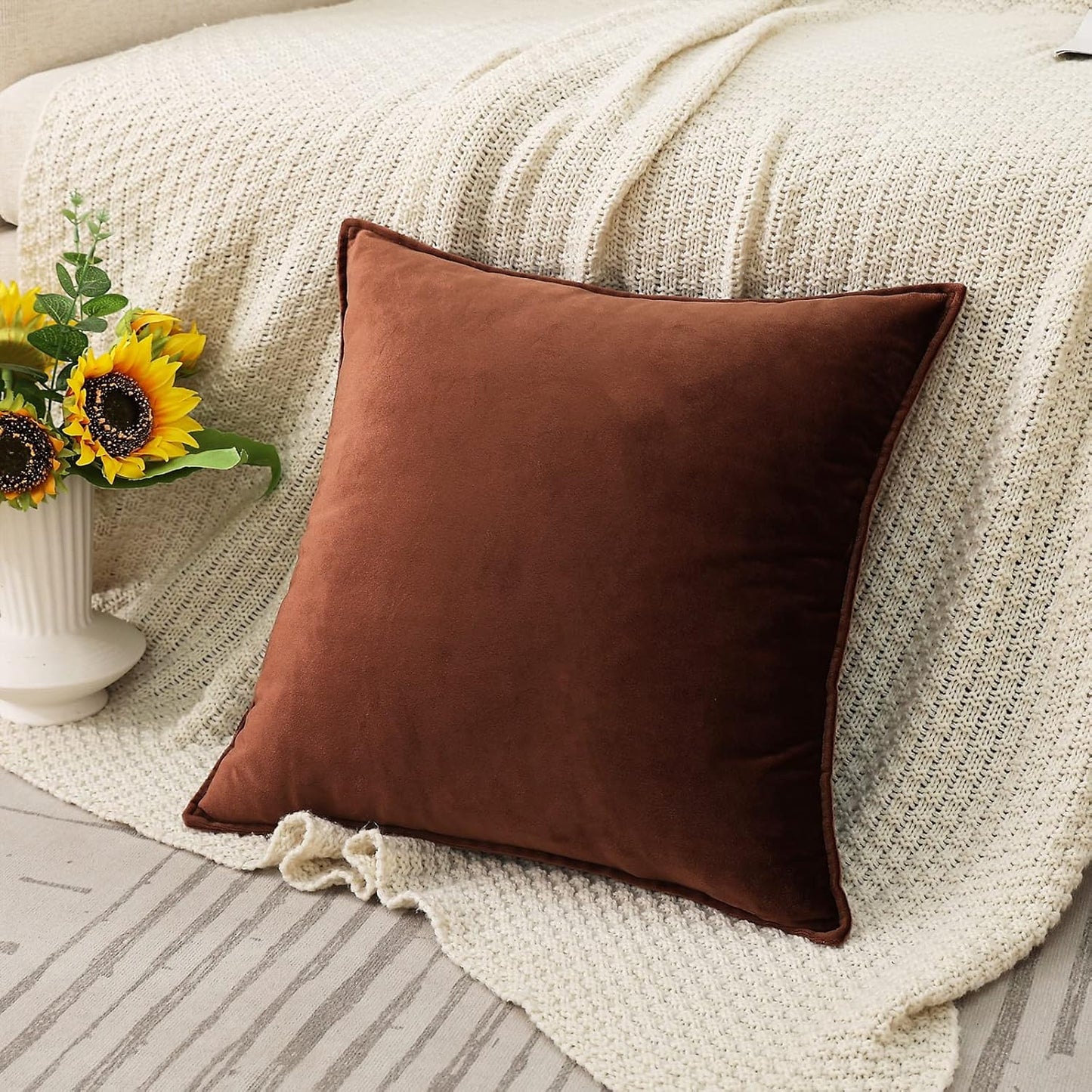 Velvet Brown Throw Pillow Covers Pack of 2 Spring Decorative Soft for Couch Sofa Bed Livingroom Office 18×18 Inches