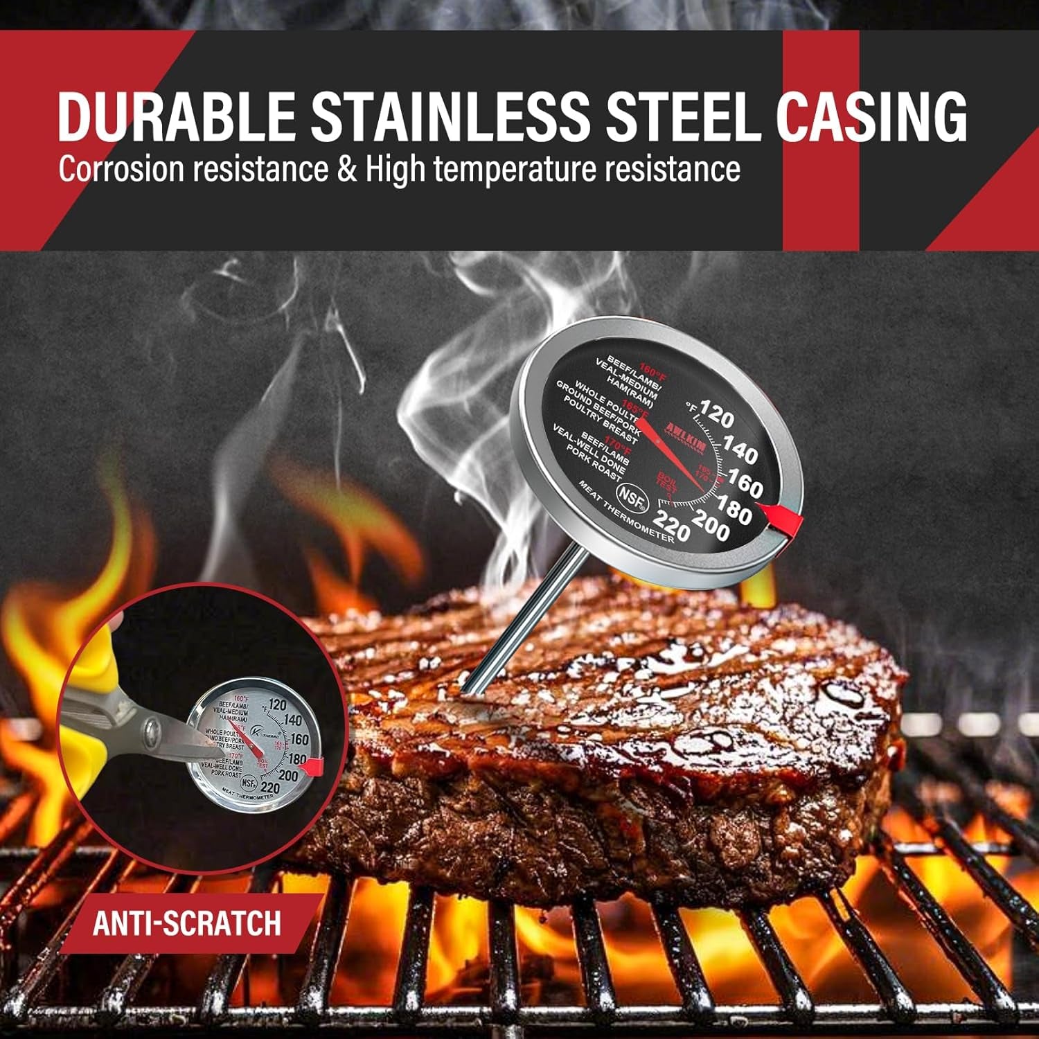 2 Pack Stainless Steel Meat Thermometer, Safe Leave in Oven, 2.5-In Extra-Large Dial Food Thermometer for Cooking, Temperature Probe for Baking, Steak, Turkey - Kitchen Gadgets - Black