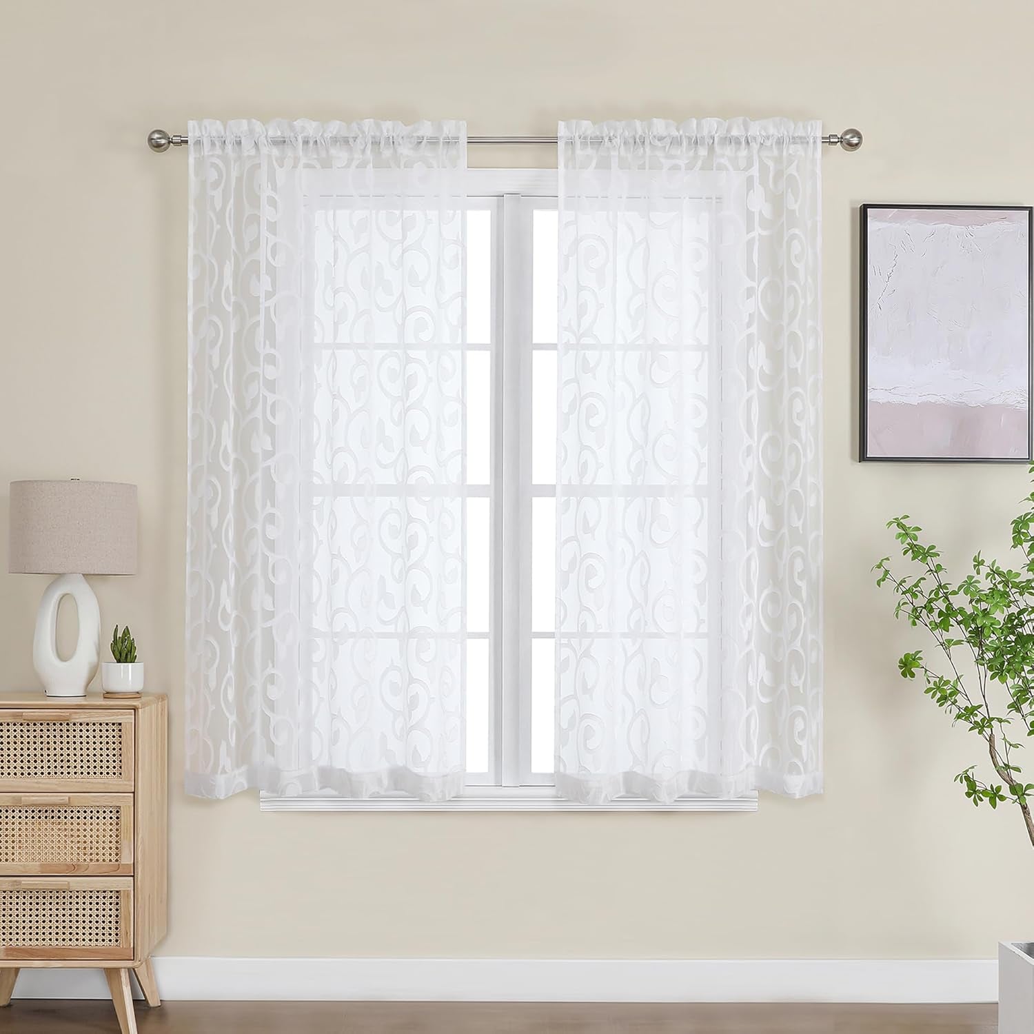 Furman Sheer White Curtains 45 Inch Length 2 Panels Set for Living Room Bedroom Bathroom Window, Airy Jacquard Clip Short Curtains for Small Window, 40Wx45L Inch