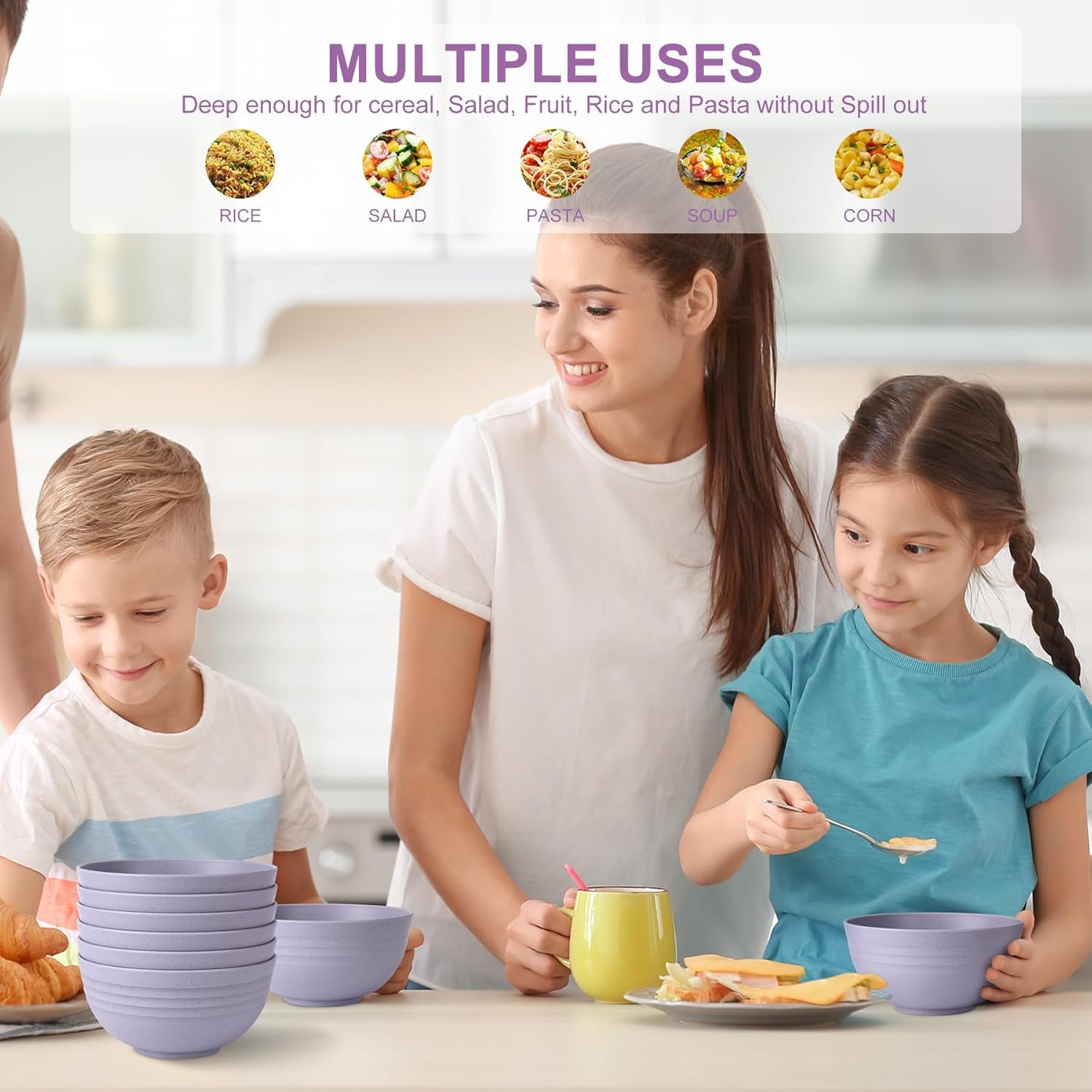 BPA Free Unbreakable Wheat Straw Cereal Bowls - Microwave & Dishwasher Safe Soup and Salad Bowls, Set of 8, 26Oz, Purple