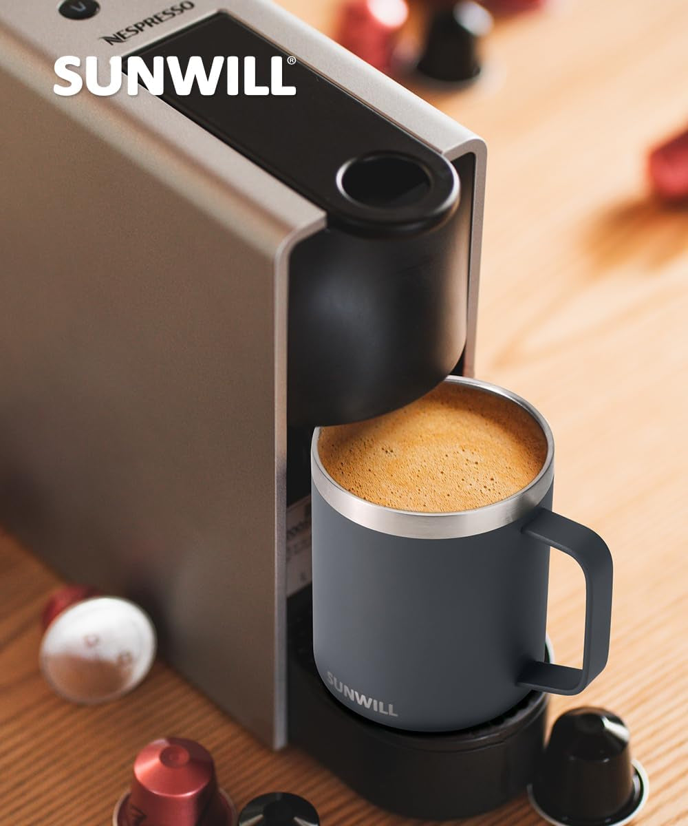 Travel Coffee Mug with Lid, Insulated Tumbler with Handle, 14 Oz Stainless Steel Cup for Home, Office, Camping, Powder Coated Charcoal