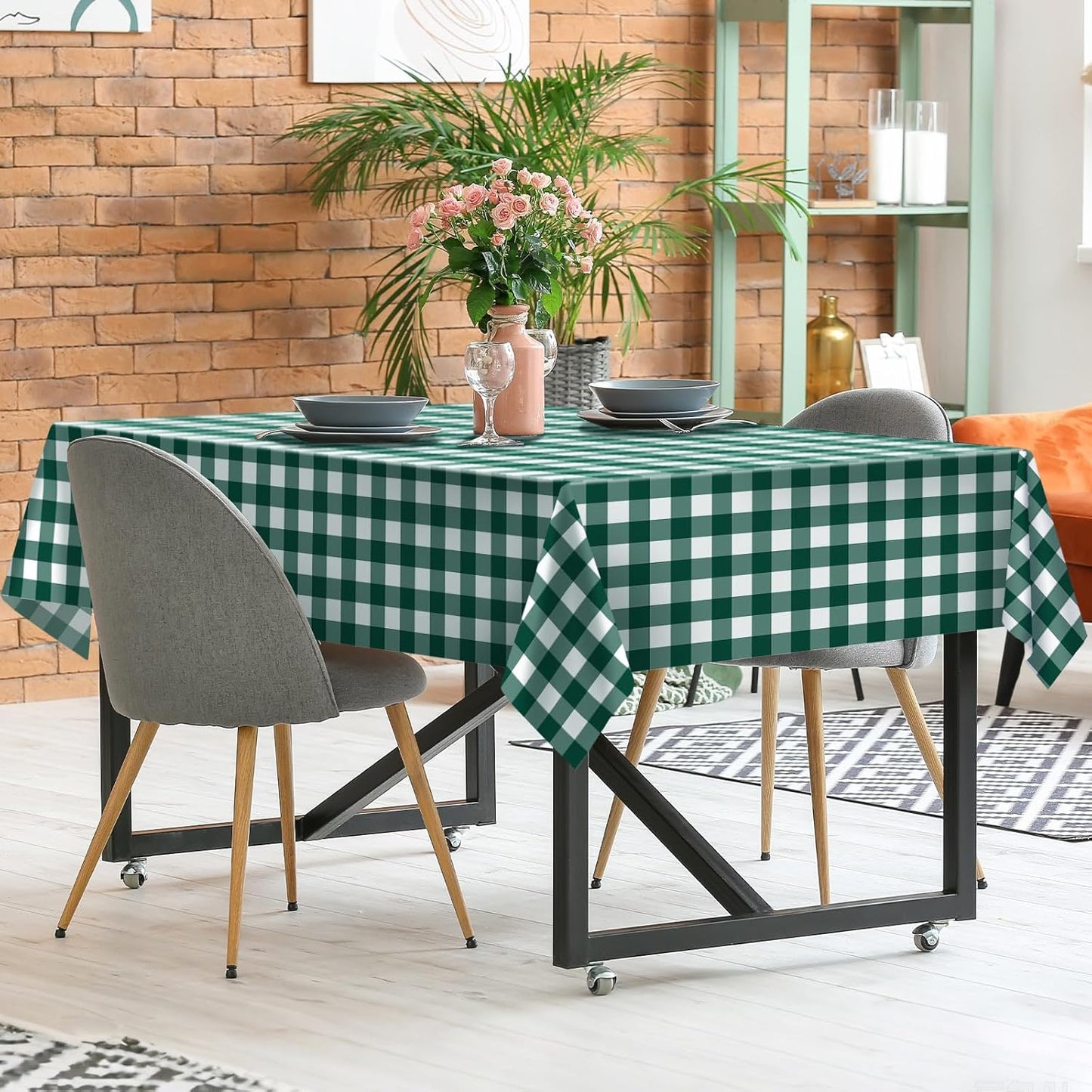 2 Pack Green Gingham Tablecloth, 54 X 108 Inches Green and White Checkered Tablecloths Plastic Table Cloth Disposable Picnic Tablecovers for Rectangle Table