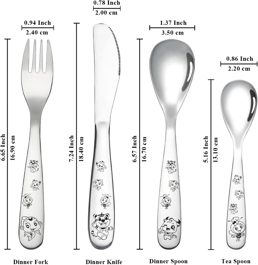 Stainless Steel Toddler Utensils Set - 4-Piece Kids Silverware with Safe Forks and Spoons, Mirror Polished Cutlery, Dishwasher Safe