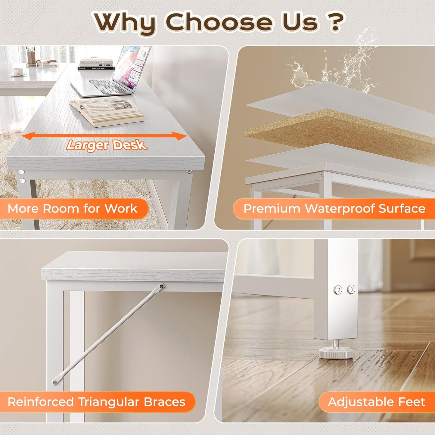 63-Inch L-Shaped Desk with Integrated Power Outlets and USB-C Port, Reversible Design, Spacious Corner Gaming and Office Desk, 0.95-Inch Thick Desktop, Sturdy Metal Frame, Ideal for Home Office and Study, White Finish