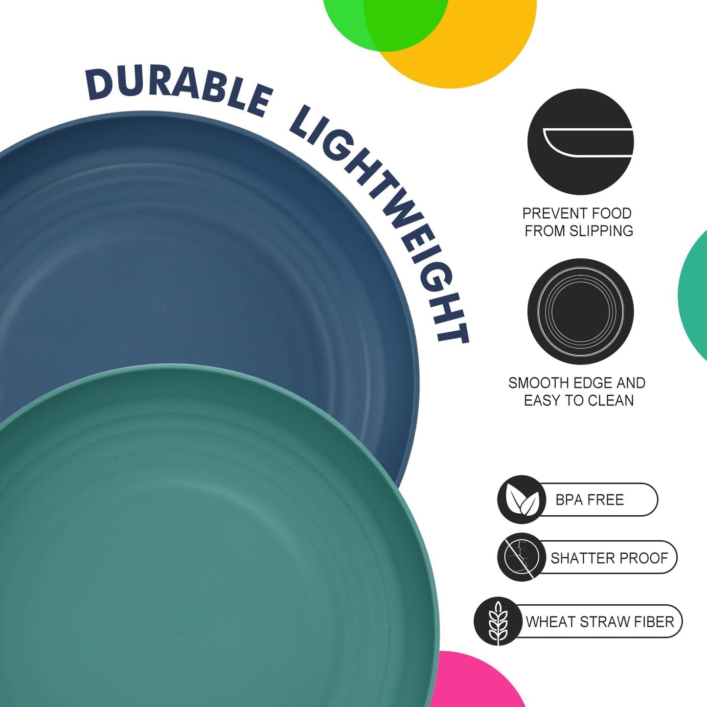 Set of 8 Deep Wheat Straw Dinner Plates - Unbreakable, Microwave and Dishwasher Safe, 9 Inch, Available in 4 Classic Bright Colors