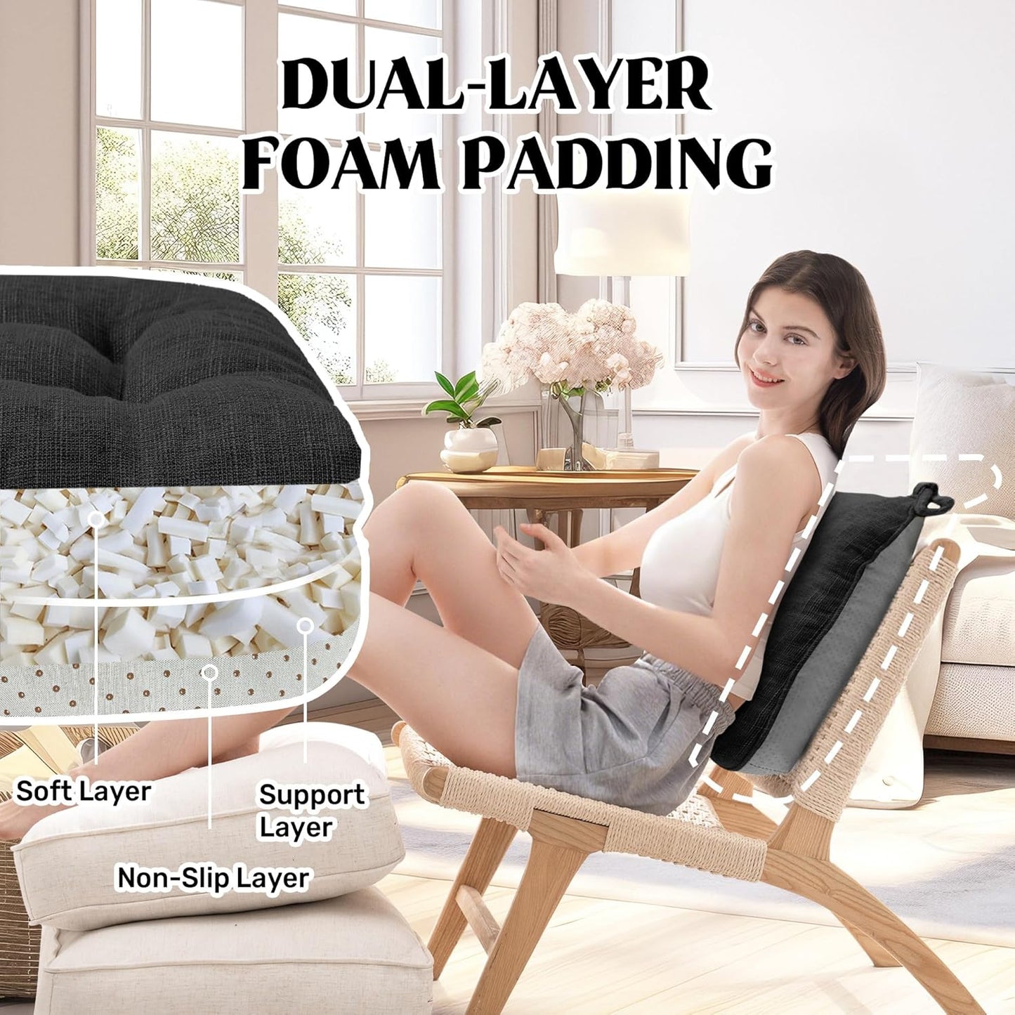 ® Chair Cushions for Dining Chairs, Tufted Memory Foam Chair Pads with Non-Slip Backing, Kitchen Seat Cushions with Ties, Washable Seat Pad Set of 4, 15.5" X 15.5" X 4", Black