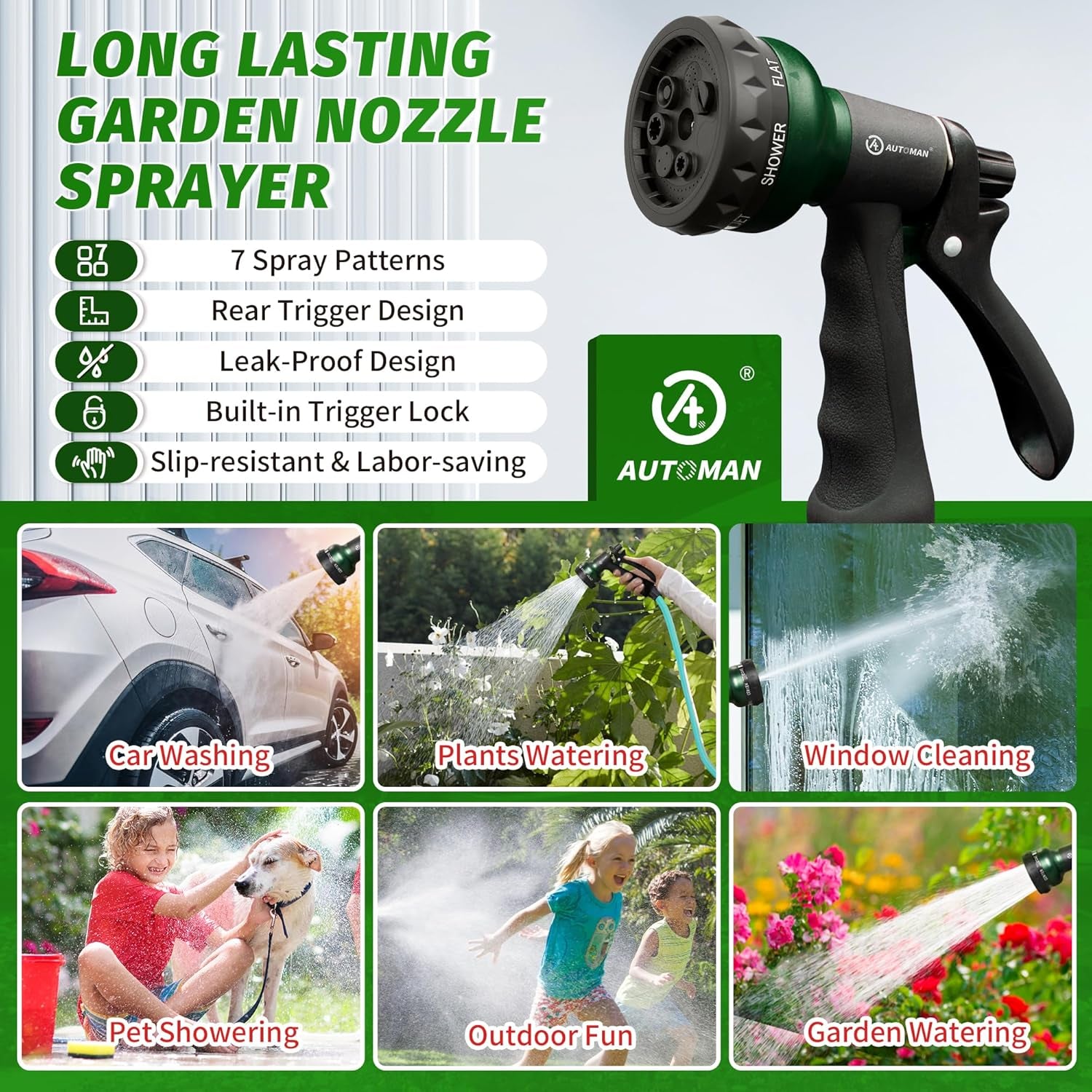 Garden Hose Nozzle, Water Sprayer Nozzle with 7 Adjustable Watering Patterns,Slip Resistant Nozzle for Plants,Lawn,Washing Cars,Window Cleaning,Showering Pets & Outdoor Fun.