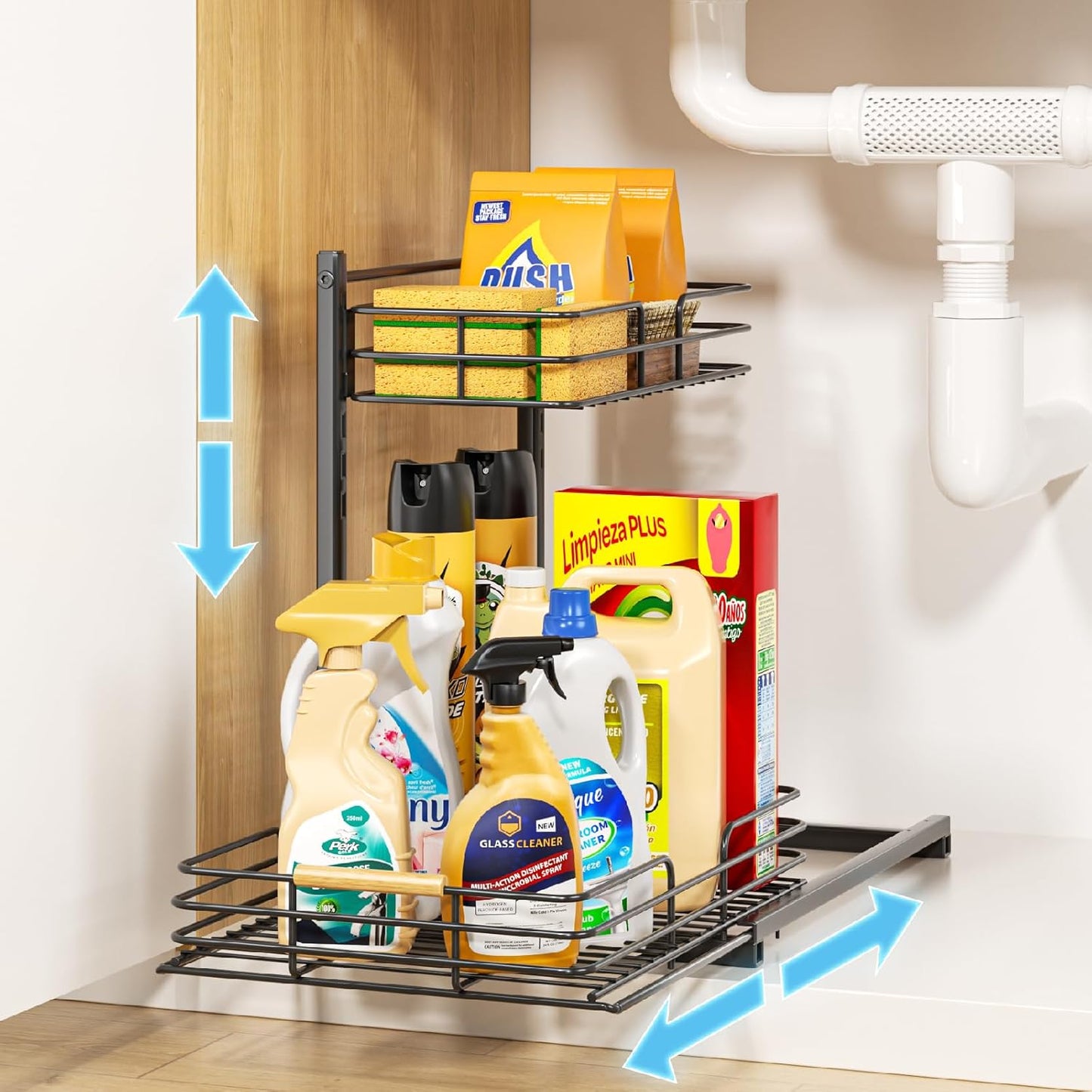 under Sink Organizer, Height Adjustable under Sink Organizers and Storage, Slide Out under Sink Storage Shelf for Kitchen Bathroom Pantry Cabinet