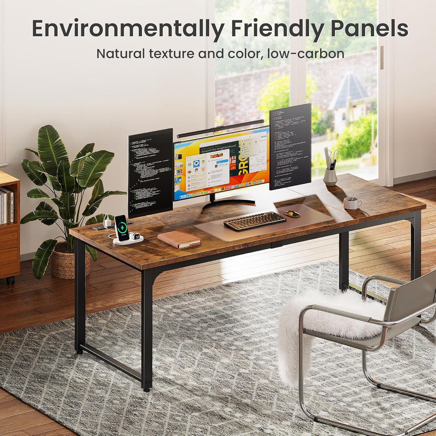 63 x 24 Inch Heavy-Duty Computer Desk with Power Outlets & USB-C, Enhanced Desktop Thickness, Sturdy Metal Frame, Ideal for Home Office and Gaming, Rustic Brown Finish