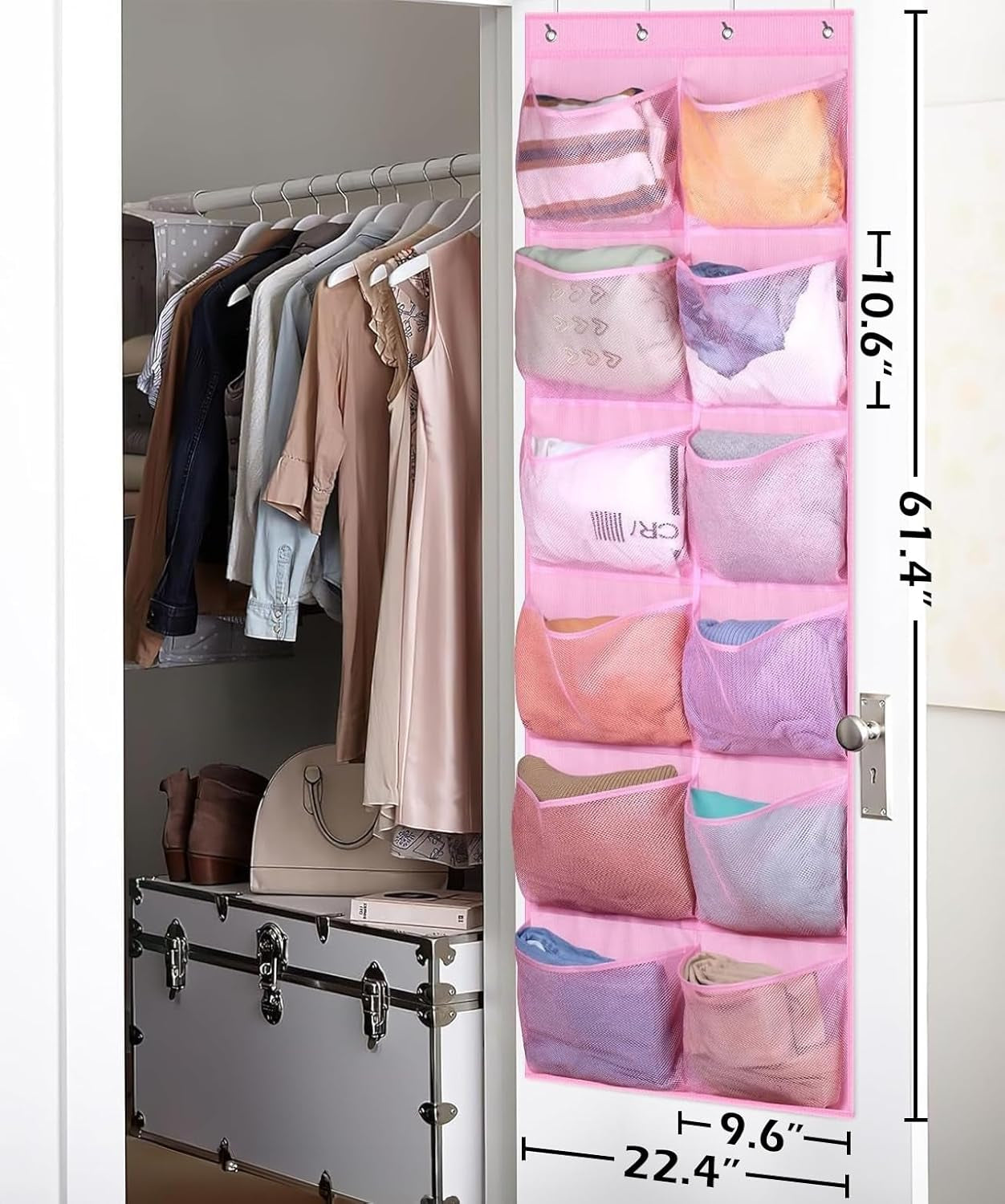 12 Large Mesh Pockets over the Door Shoe Organizer for Closet Hanging Shoe Rack for Door Sneaker Hanger Boot Storage for Kids, Baby, Toddler, Girl, Pink