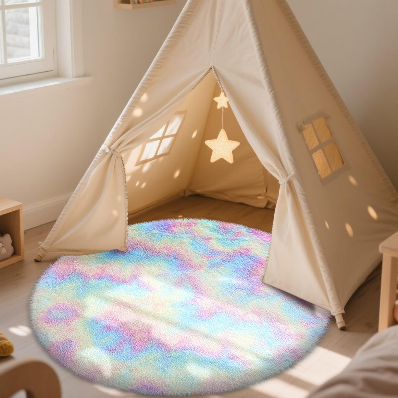 Rainbow round Rugs for Bedroom - Machine Washable, 4X4 Feet Circle Area Rugs for Living Room, Soft and Fluffy Shaggy Carpet for Teen Girls and Boys, Nursery Rooms, Dorms, Home Decor Aesthetic