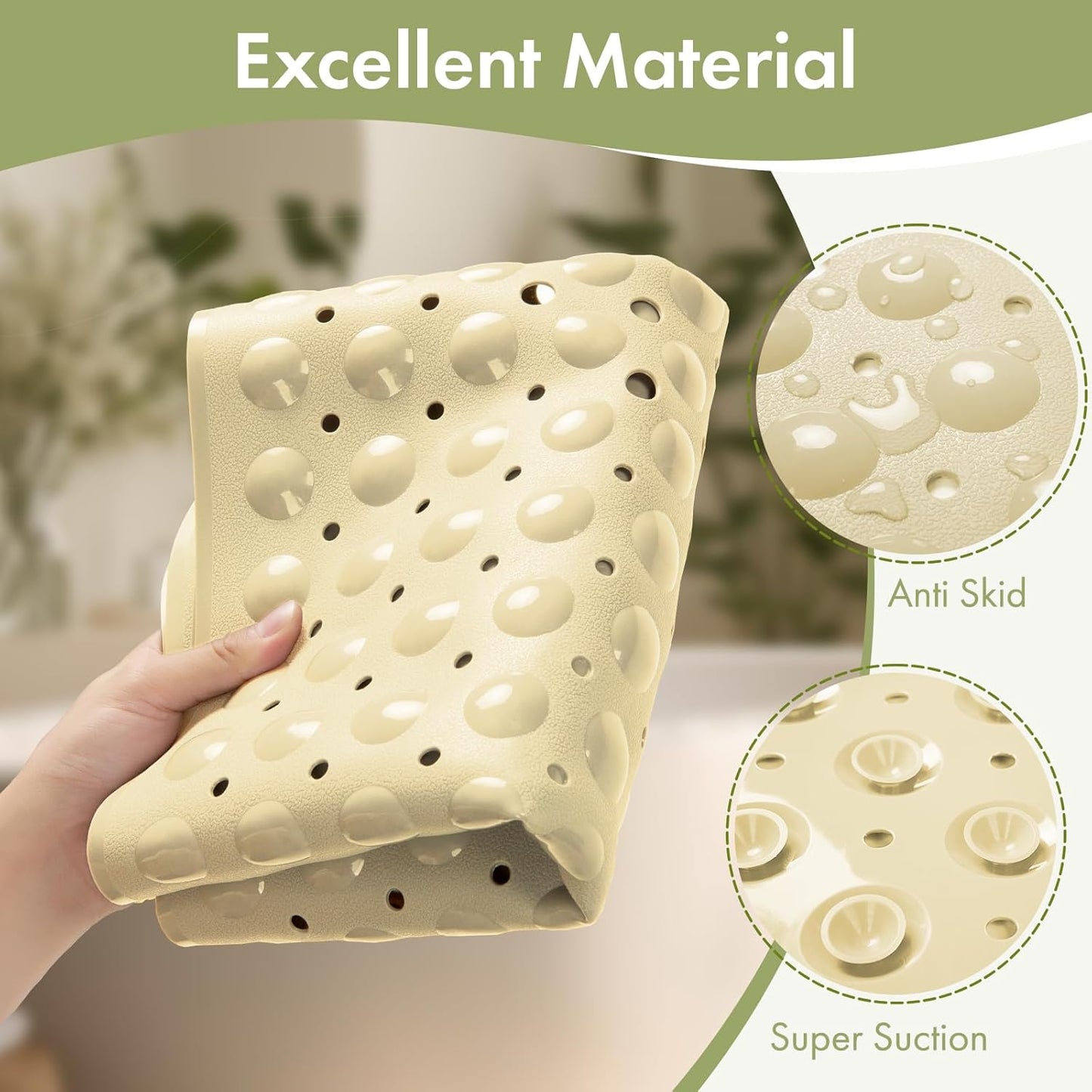 Shower Mat Non Slip 40 X 16 Inches, Shower Stall Mats with Suction Cups and Drain Holes, Non Slip Bath Mat for Tub for Elderly & Kids, Beige