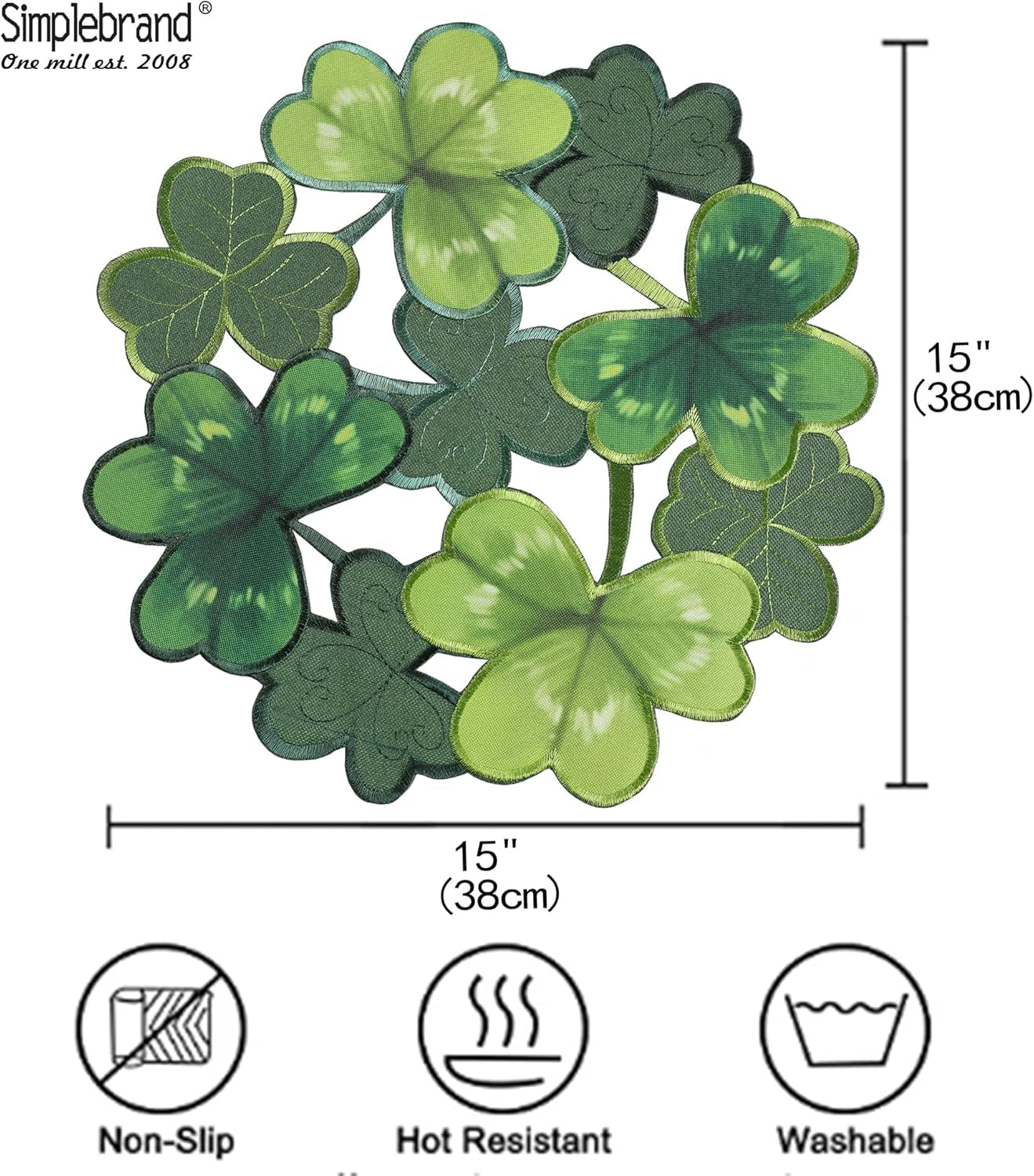 St. Patrick'S Day Placemats Set of 4, round Placemats Applique Embroidered Cutwork Spring Placemats with Irish Clover for Dining Irish Shamrock Spring Festival Tabletop Decor (15"RD, 4Pcs)