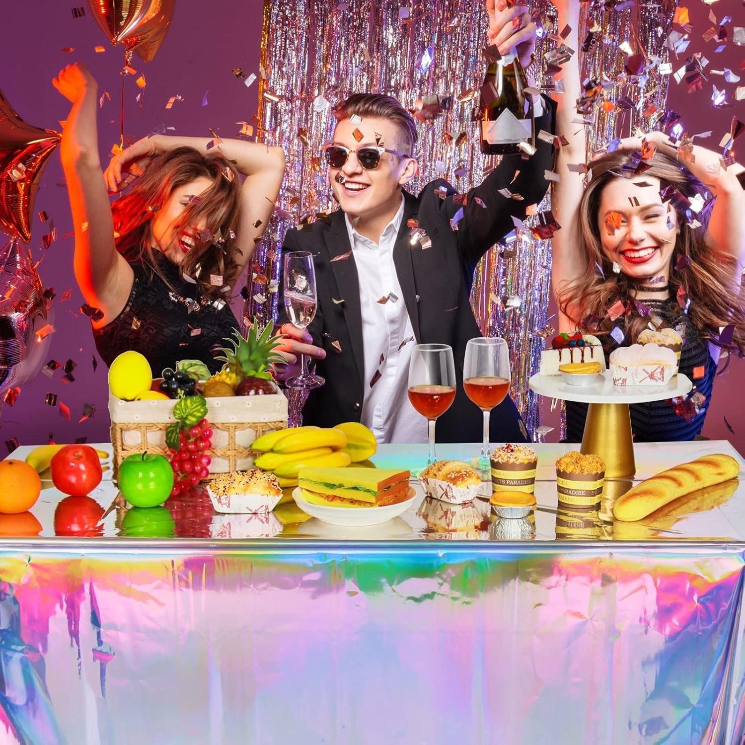 2 Pack Iridescence Plastic Tablecloths Shiny Disposable Laser Rectangle Table Covers Holographic Foil Tablecloth Iridescent Party Decoration Birthday Bridal Wedding Christmas 54" X 108"(Laser)