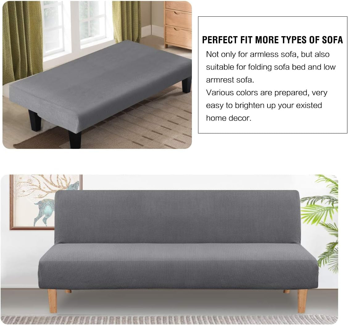 Armless Futon Cover Stretch Sofa Bed Slipcover Protector Elastic Feature Rich Textured High Spandex Small Checks Jacquard Fabric Futon Cover, Machine Washable, Gray