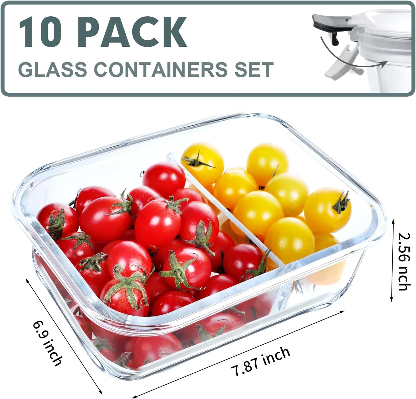 10-Pack 30 OZ Glass Meal Prep Containers with 2 Compartments, Airtight Lids, Microwave, Oven, Freezer, and Dishwasher Safe, Grey