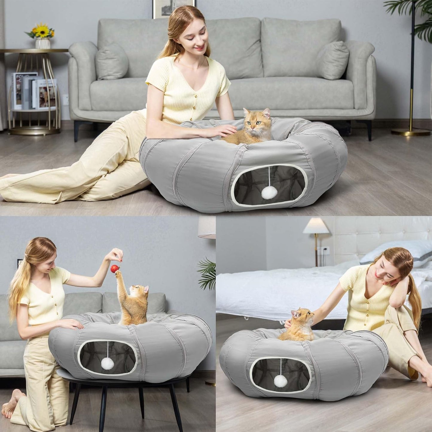 Cat Play Tunnel - round Cat Tunnel with Bed | Interactive Cat Toys for Indoor Cats Kitten Kitty Puppy Rabbit Ferret (Light Grey)