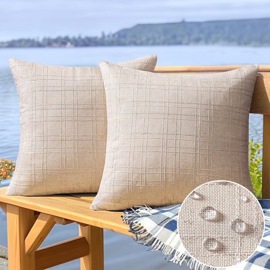Outdoor Waterproof Throw Pillow Covers Decorative Farmhouse Water Resistant Cushion Covers for Tent Patio Garden Couch Sofa Pack of 2, 18X18 Inch Beige