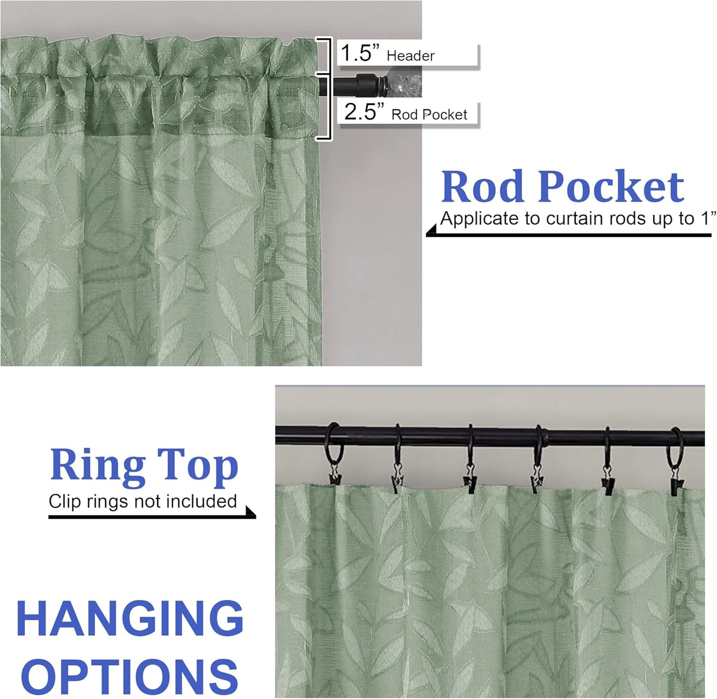 Sage Green Sheer Curtains 84 Inches Long 2 Panels Set, Light Filtering Soft Airy Leaf Elegant Sheer Curtains for Bedroom Living Room, 42Wx84L Inches, 2 Panels