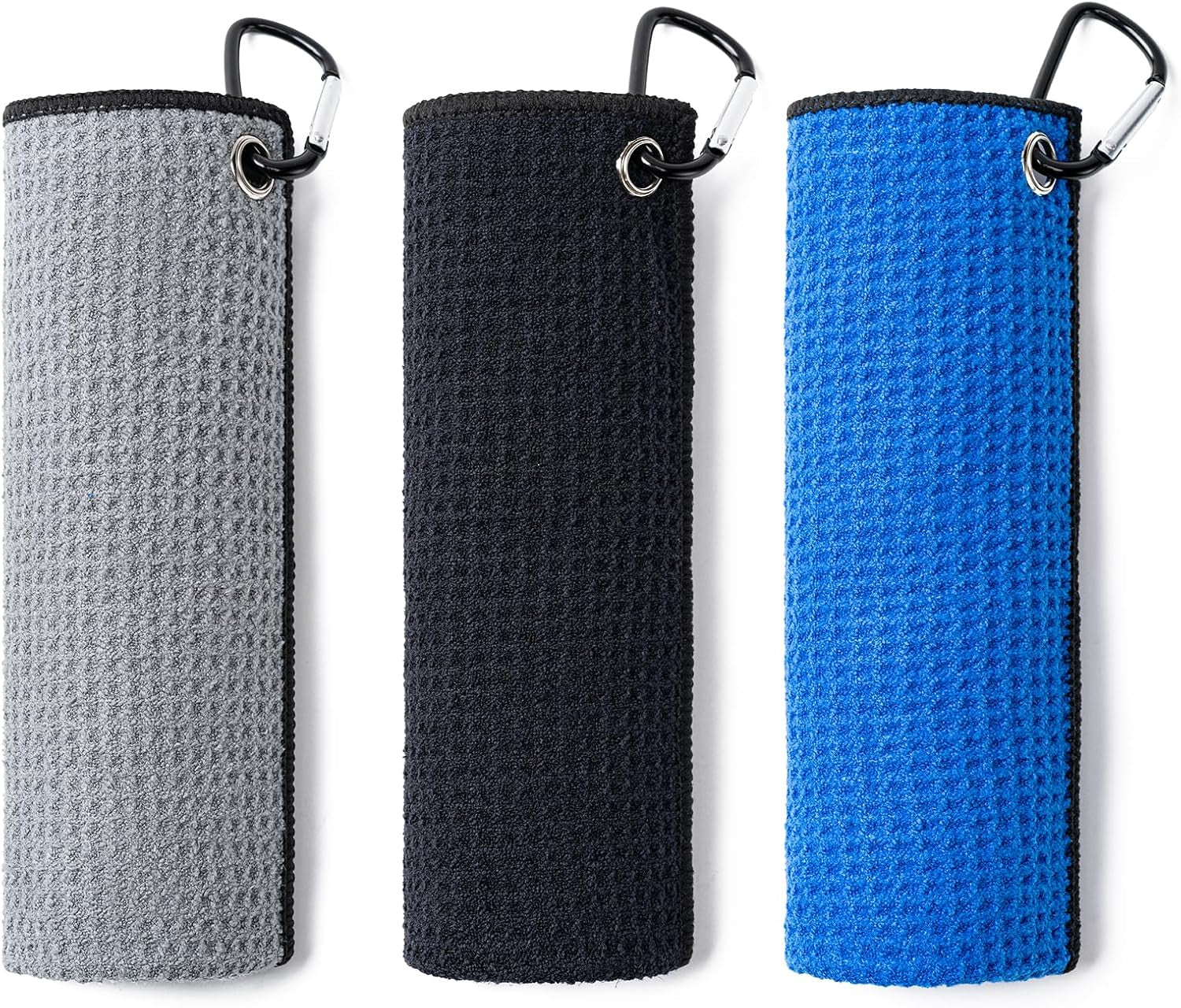 3 Pack Golf Towels(16" X 16") with Carabiner Clip,Microfiber Fabric Waffle Pattern Towels for Golf Bags,Tri-Fold Portable Towels for Men Women,Blue/Black/Gray