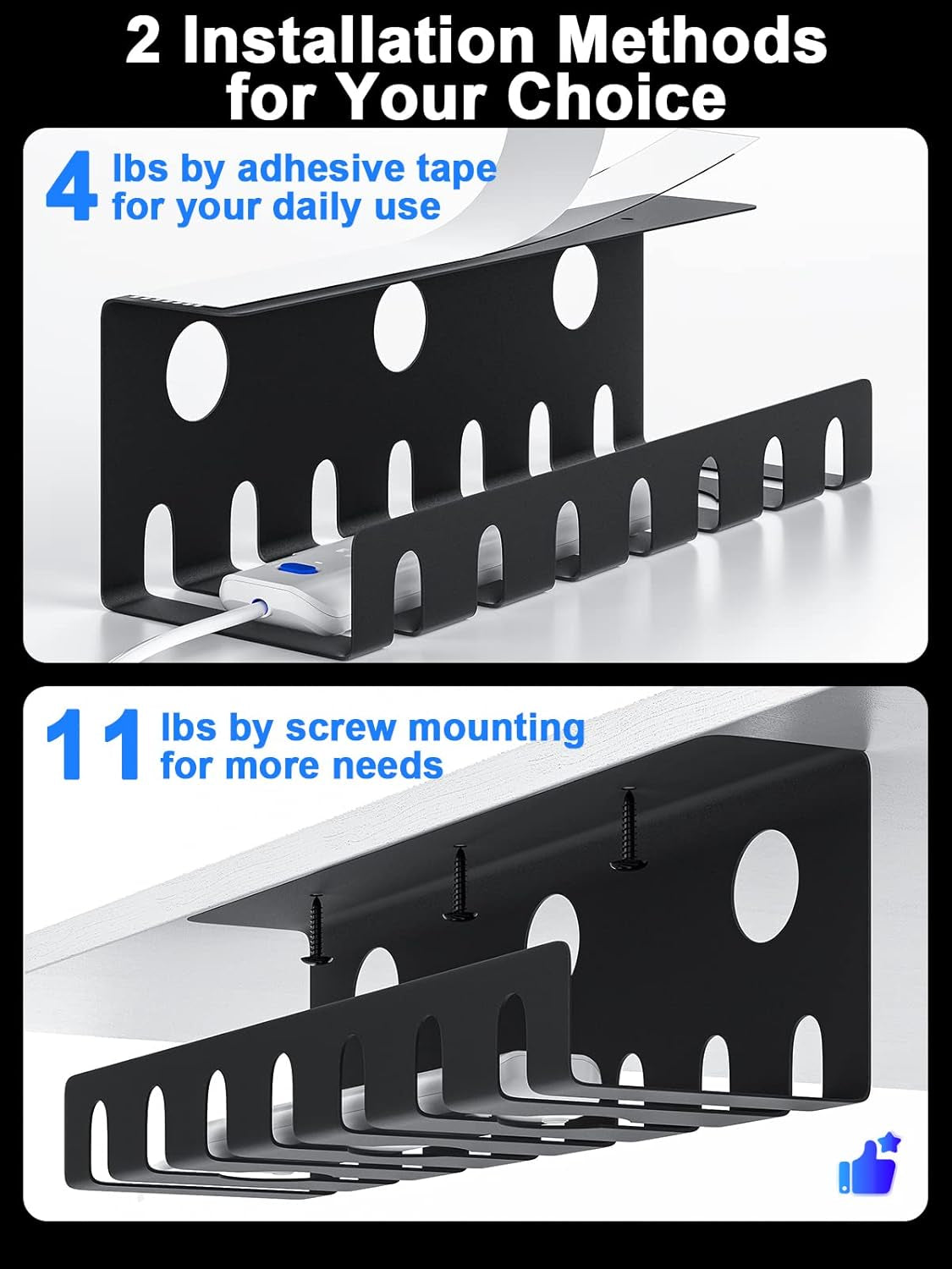 2 Pack Metal under Desk Cable Management Tray, U-Channel Cord Organizer Box, Office under Desk Cord Organizers, Cable Management with Various Accessories, Black, 15.75 Inches