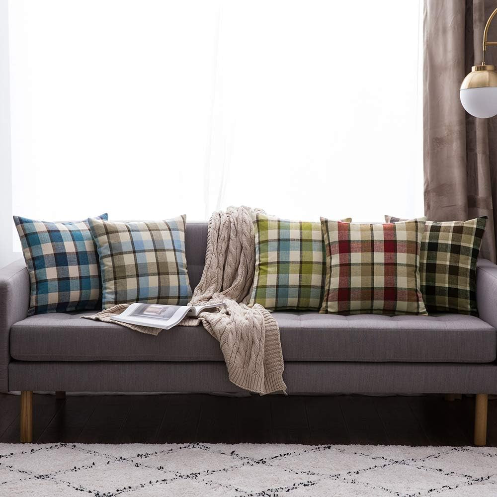 Pack of 2 Christmas Decorative Pillow Covers Check Buffalo Plaids Pillowcase Tartan Linen Rustic Farmhouse Square for Bench Sofa Couch Car Bedroom Red and Tan 18X18 Inch