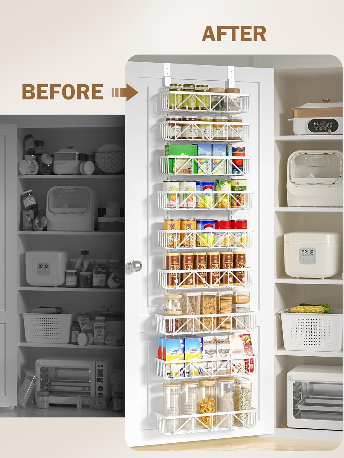 Adjustable over the Door Pantry Organizer, 9-Tier Metal Pantry Organization and Storage for Kitchen, Hanging Spice Rack Seasoning Shelves, Cabinet Door Organizer for Easy Install, 16" White