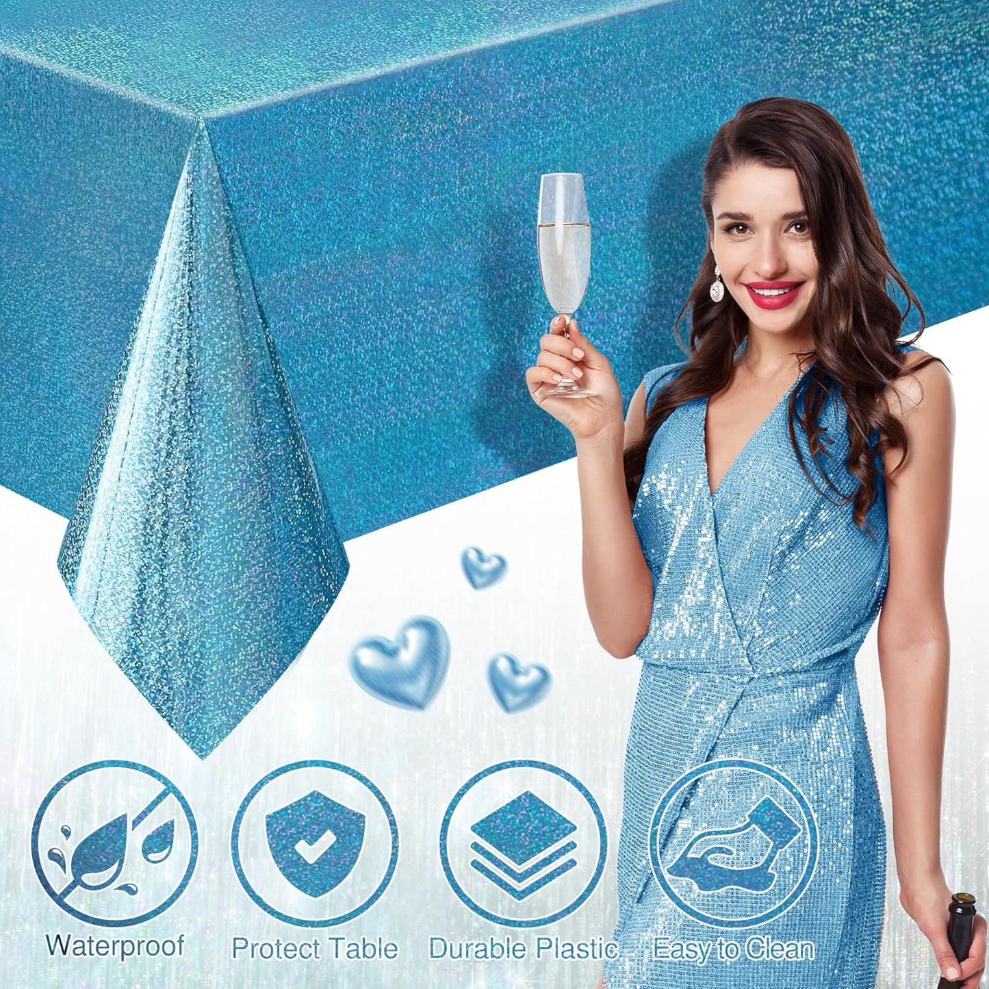 Set of 2 Blue Holographic Foil Tablecloths, 54x108 Durable Table Covers for Elegant Events, Ideal for Parties, Weddings, and Showers