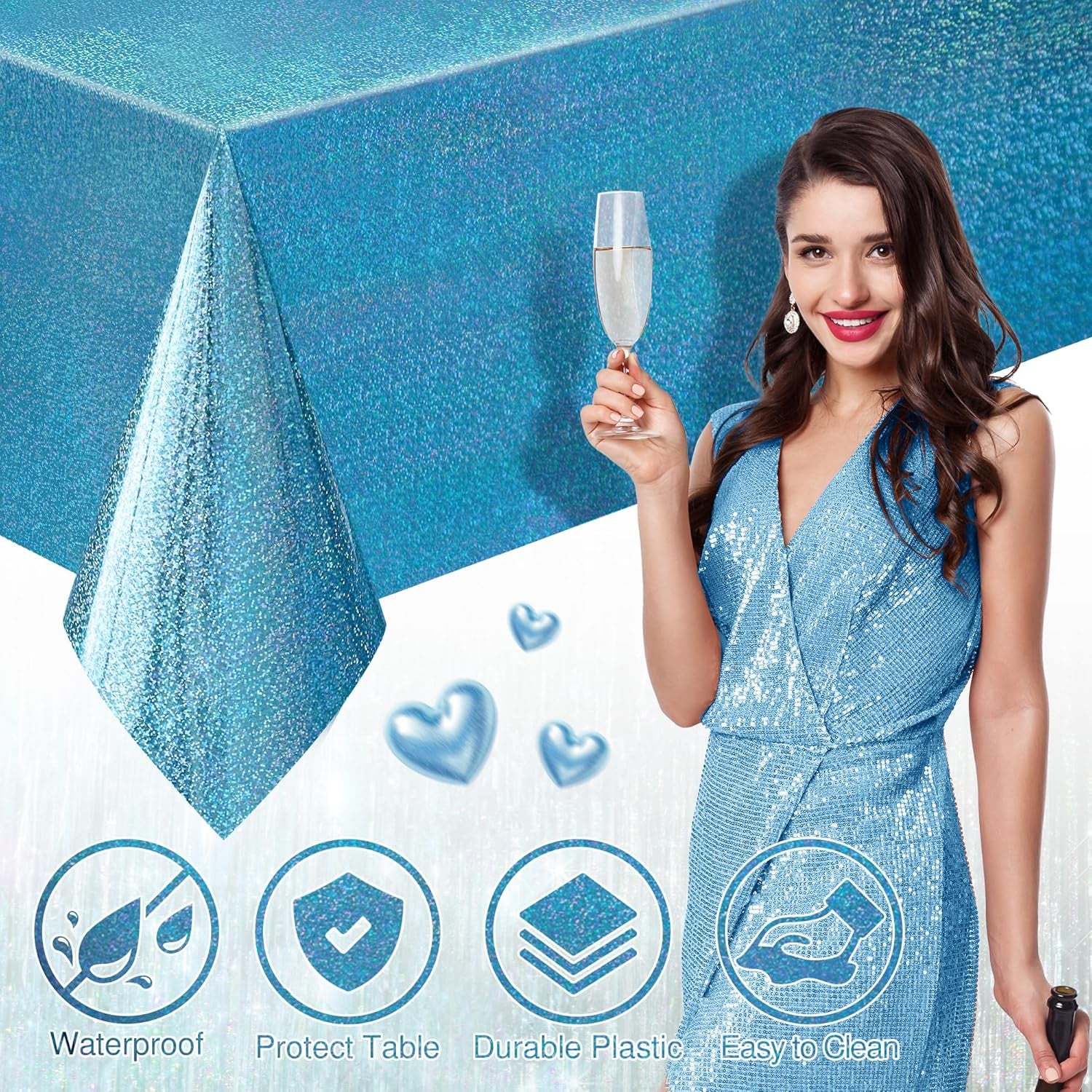 Set of 2 Blue Holographic Foil Tablecloths, 54x108 Durable Table Covers for Elegant Events, Ideal for Parties, Weddings, and Showers