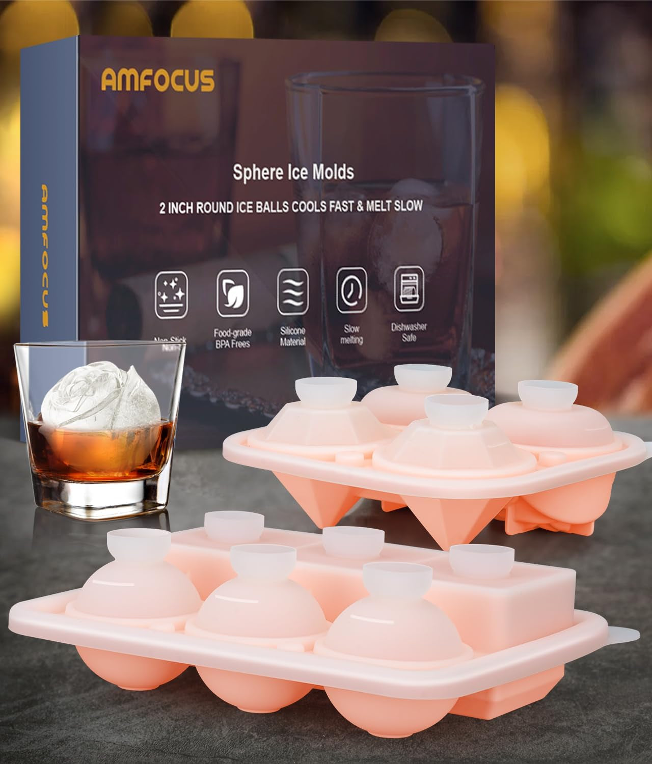 Ice Cube Tray with Lid, Silicone Ice Molds with Round, Square, Diamond, Rose, Large Ice Cube Mold for Whiskey, Bourbon, Cocktails, Easy Release BPA Free, Set of 2
