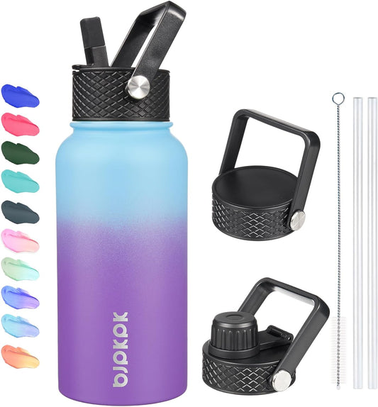 Insulated Water Bottles with Straw Lid, 27Oz Stainless Steel Water Bottle with 3 Lids, Leak Proof BPA Free Metal Thermo, Mugs, Tumblers, Keep Cold Hot -Ocean Dream