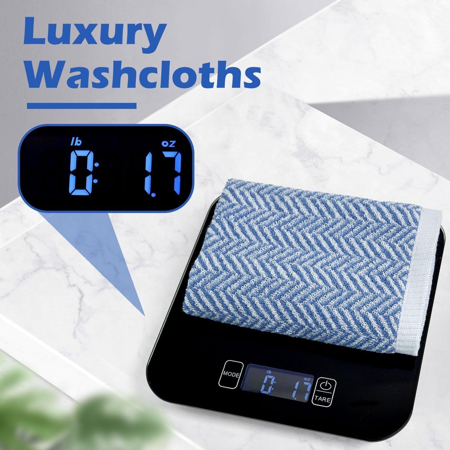 Wash Cloths for Your Face and Body, 12 Washcloths for Showering with Decorative Herringbone Stripes, 100% Cotton, Light Blue, 13 X 13 Inches