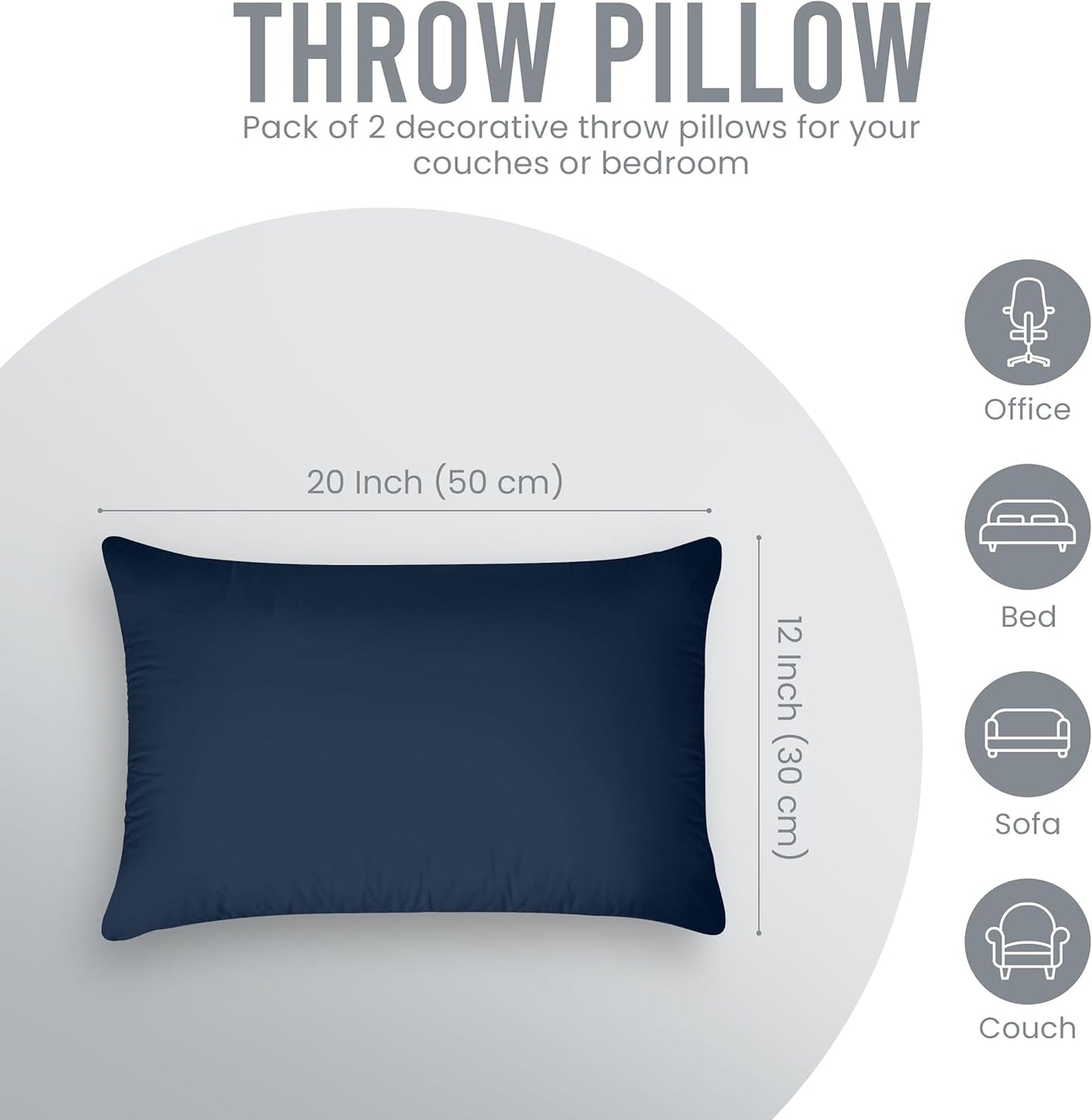 Throw Pillows (Pack of 2, Navy), 12 X 20 Inches Indoor Decorative Pillow Insert for Sofa, Bed and Couch