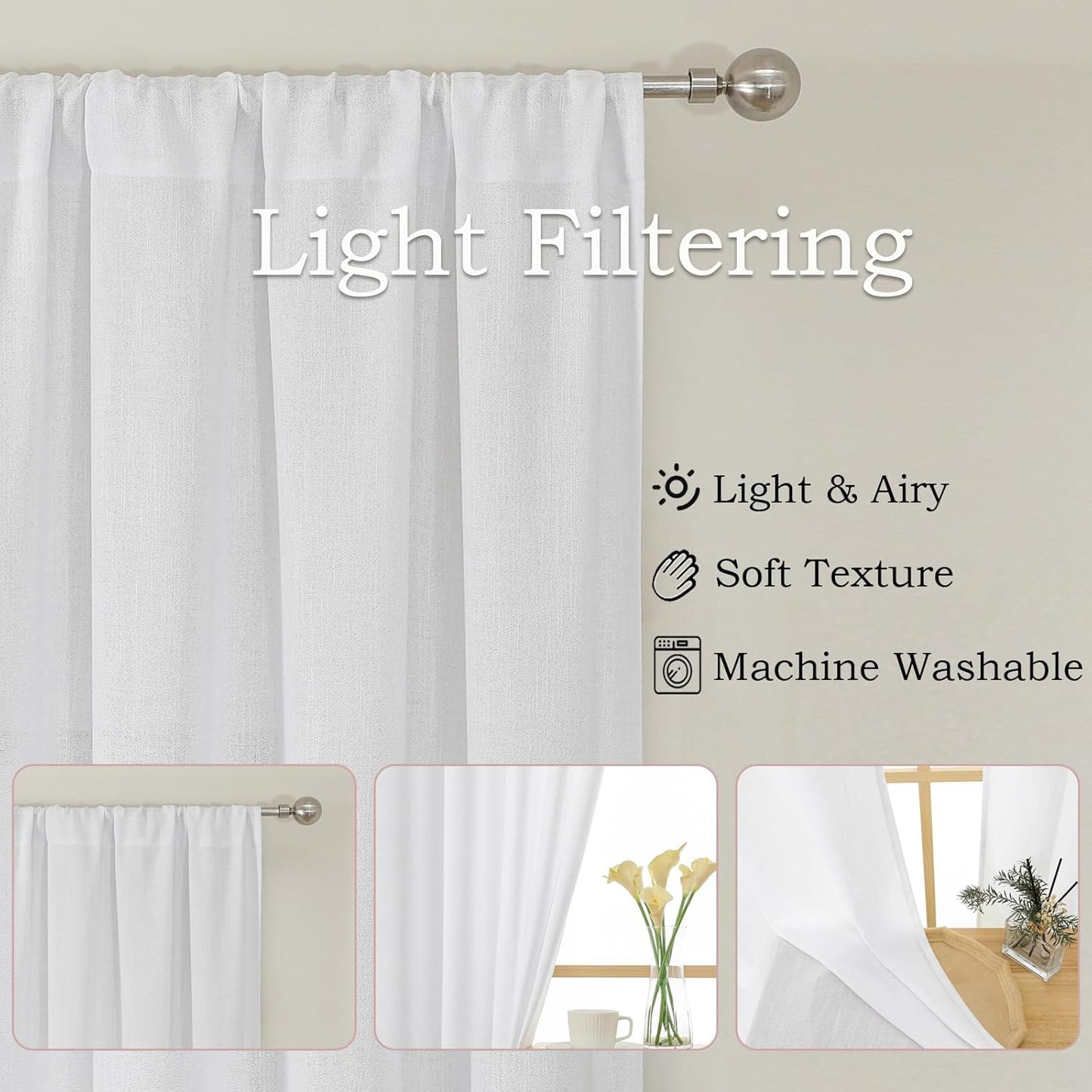 White Short Faux Linen Textured Cafe Kitchen Curtains 36 Inch Length 2 Panels, over Sink Semi Sheer Farmhouse Light Filtering Panels Rod Pocket Drapes for Bathroom Window, 40 X 36 Inch