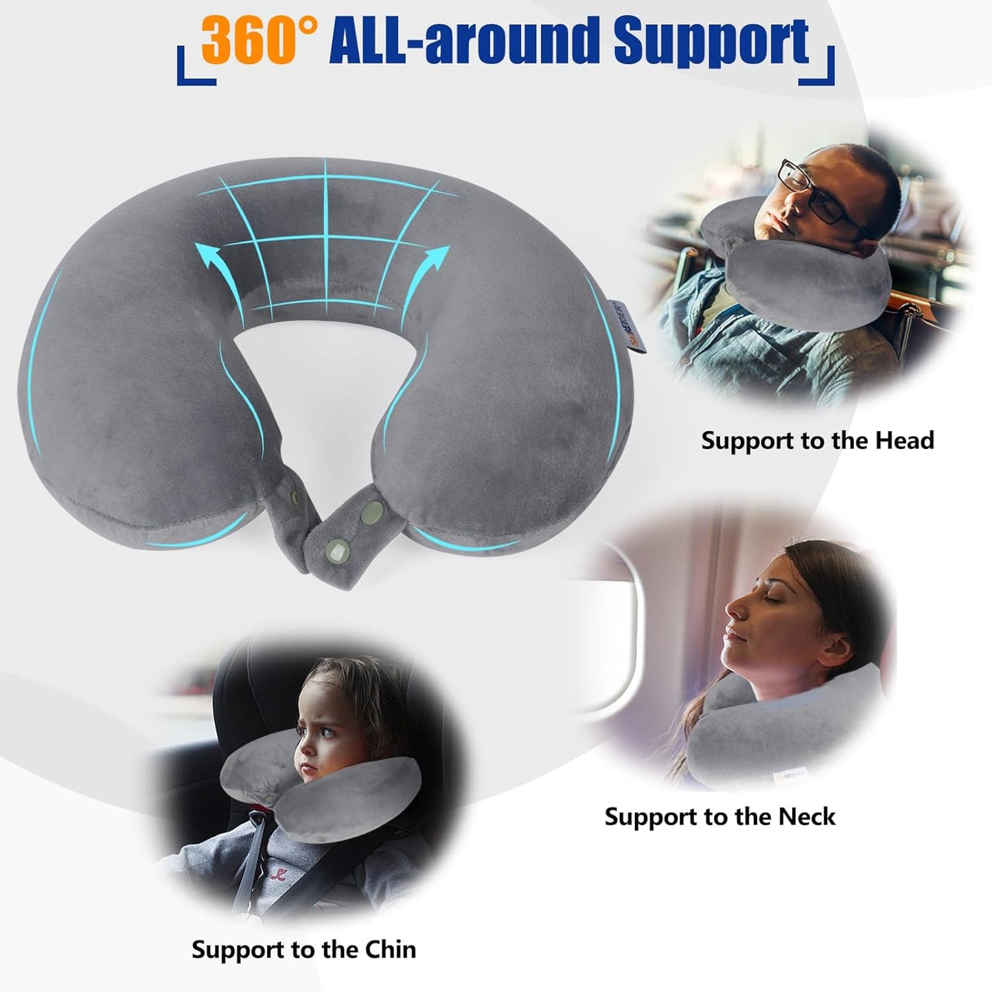 Travel Pillows for Sleeping Airplane 100% Pure Memory Foam Neck Pillow for Airplanes Washable Cover(Grey)