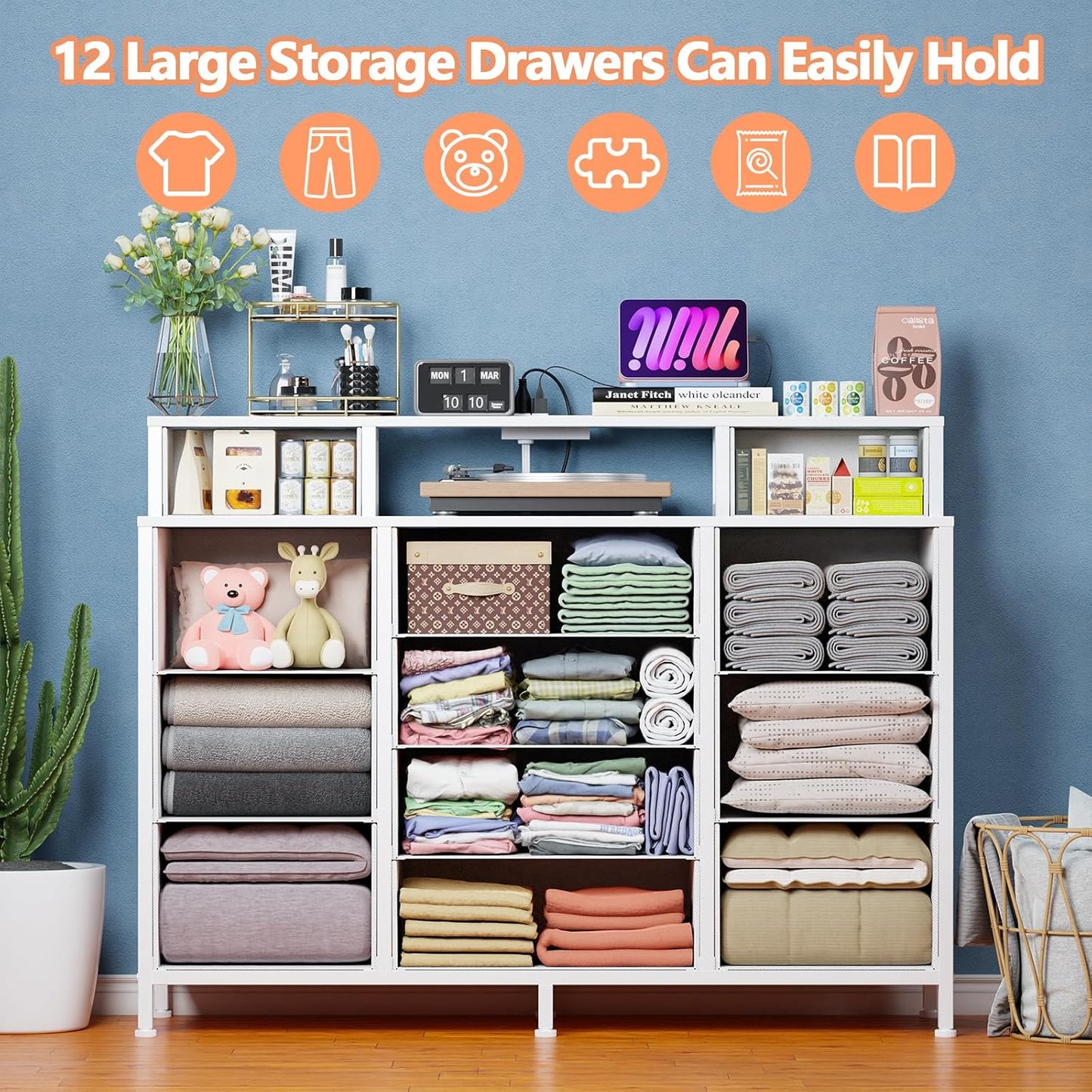 White Bedroom Dresser with LED Lighting and Charging Station, 47" Wide Chest Featuring 12 Fabric Storage Drawers, Versatile Vanity Furniture for Closet and Entryway, Includes 2 Shelves and Metal Frame
