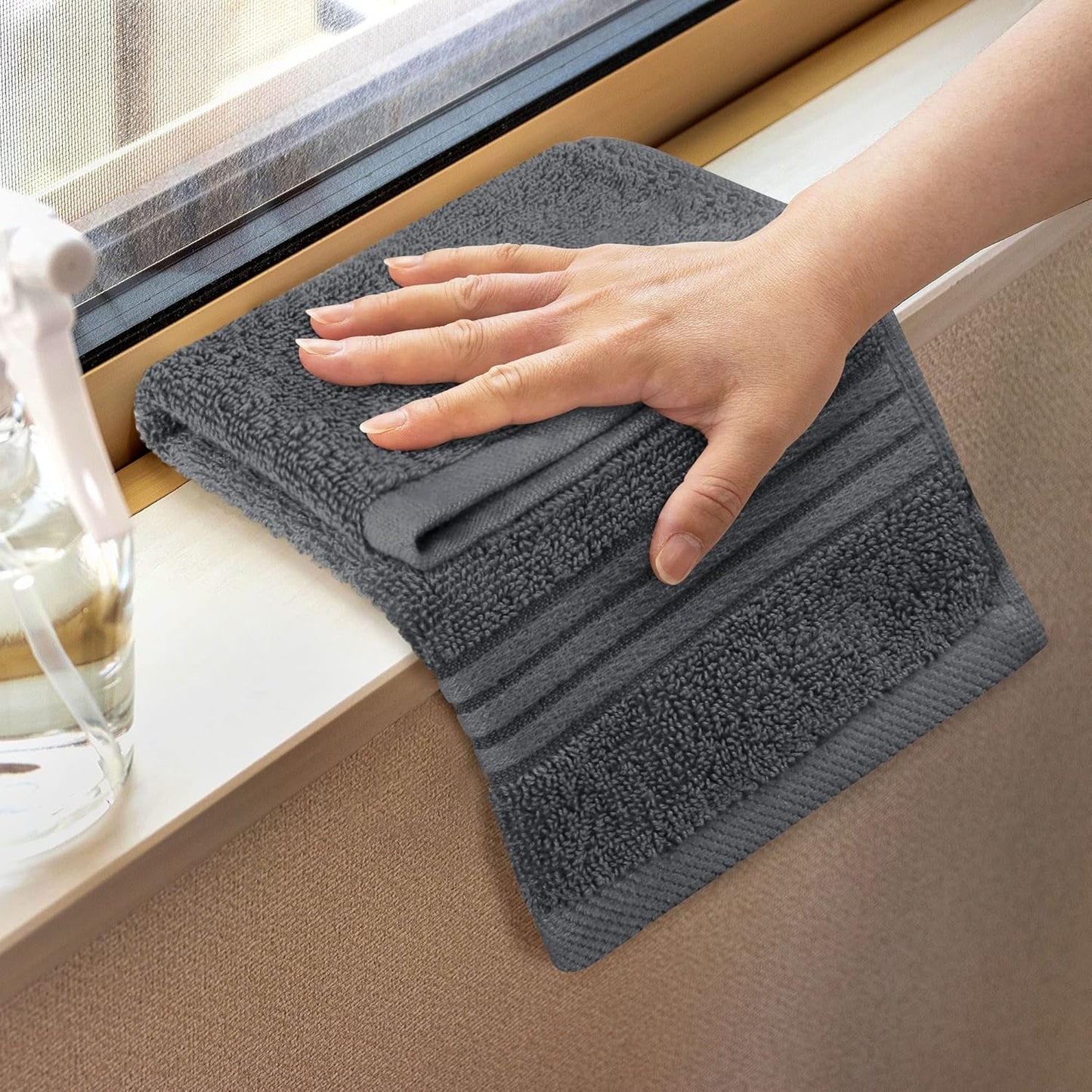 12 Pack Premium Wash Cloths Set, 12 by 12 Inches, 100% Cotton Ring Spun, Highly Absorbent and Soft Feel Washcloths for Bathroom, Spa, Gym, and Face, Grey